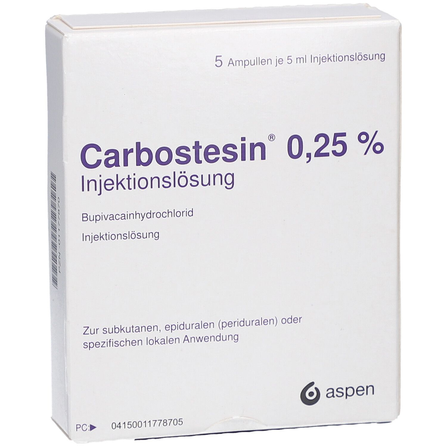 Weißer Karton mit Produktnamen Carbostesin 0,25% Injektionslösung. Enthält 5 Ampullen. Aspen Logo.