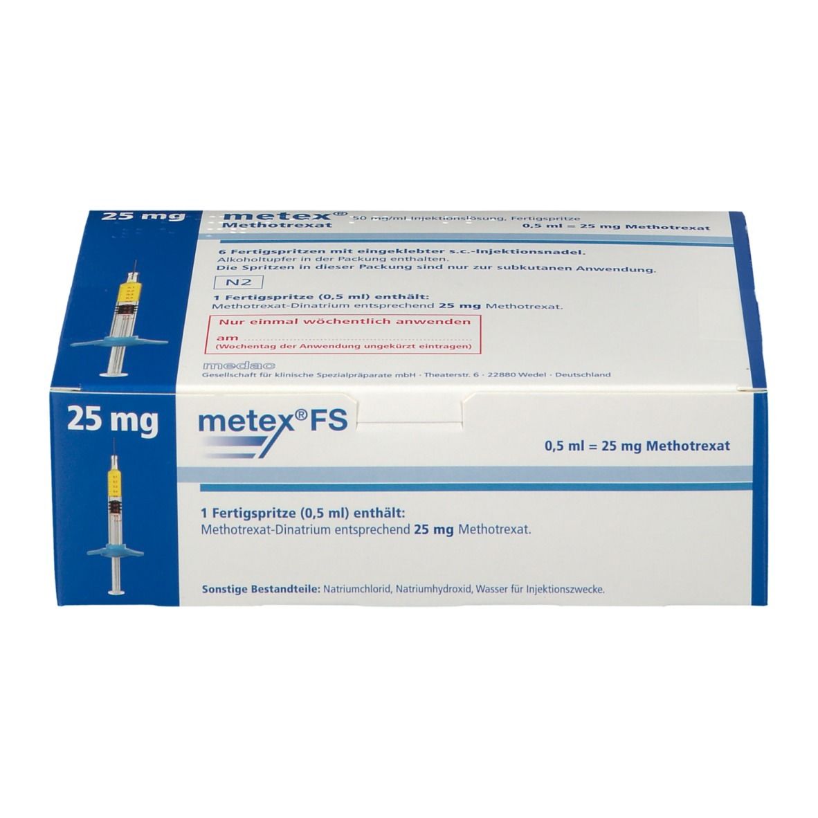 Verpackung mit zwei Fertigspritzen Metex FS 25 mg Methotrexat, 0,5 ml Spritze.