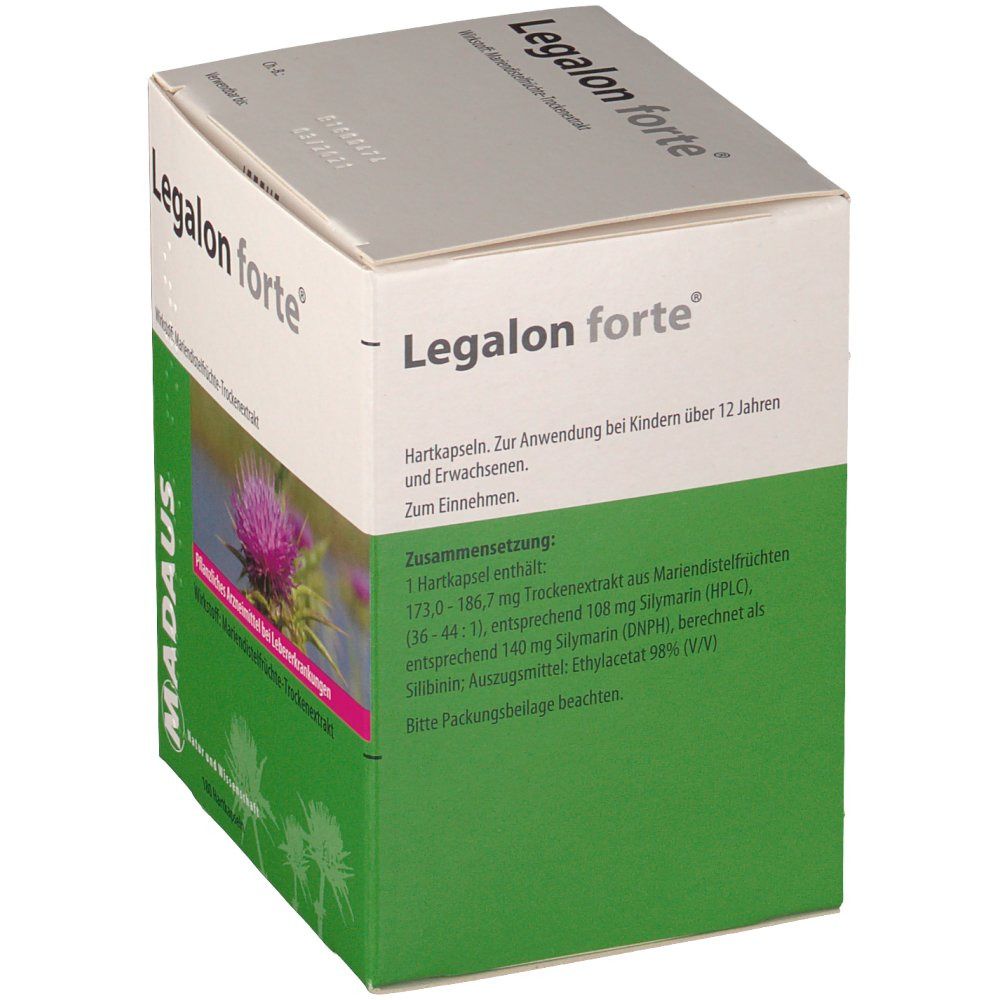 Schachtel Legalon forte. Aufdruck: Hartkapseln. Zusammensetzung. Abbildung Mariendistel. Marke MADAUS. Beipackzettel beachten.