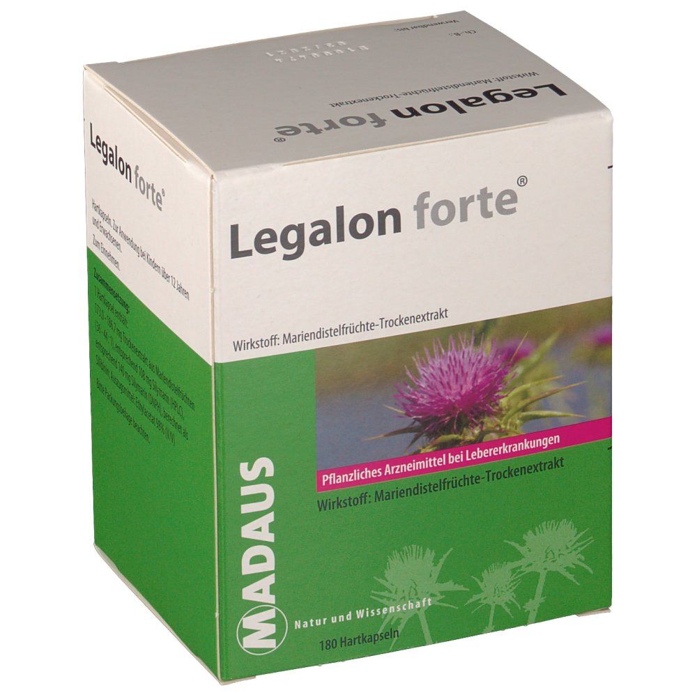 Schachtel Legalon forte. Aufdruck: Mariendistel-Früchte-Trockenextrakt. Abbildung der Mariendistel. Marke MADAUS. 180 Hartkapseln.