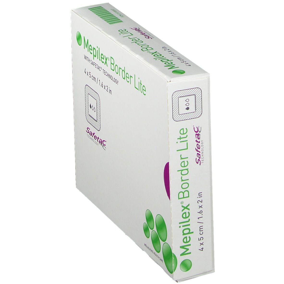 Schrägansicht der Mepilex® Border Lite Verpackung. Größe 4 x 5 cm. Mit Safetac® Technologie. Grün-weiße Schachtel.