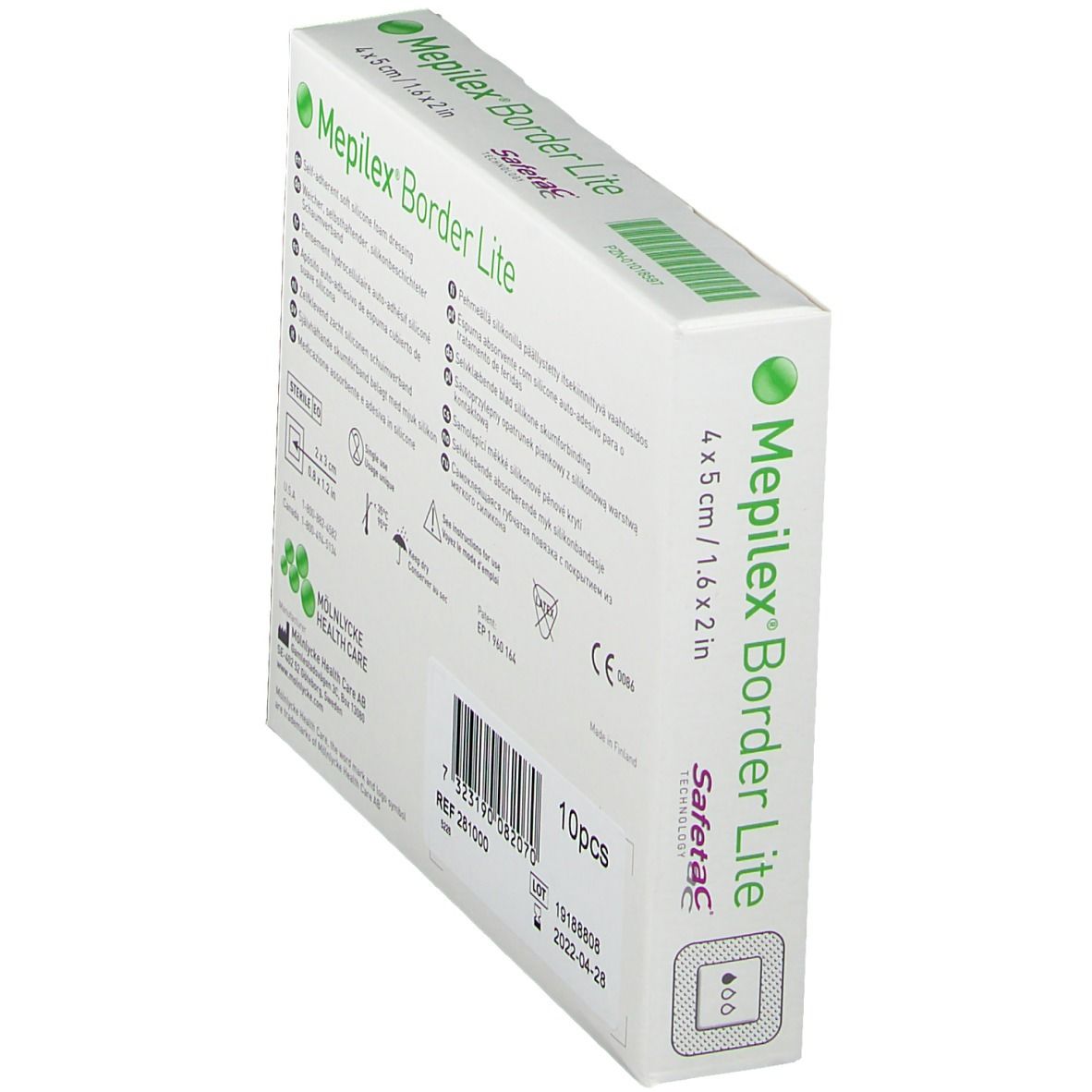 Rückseite der Mepilex® Border Lite Verpackung. Größe 4 x 5 cm. Mit Safetac® Technologie. Enthält 10 Stück. CE-Kennzeichnung.