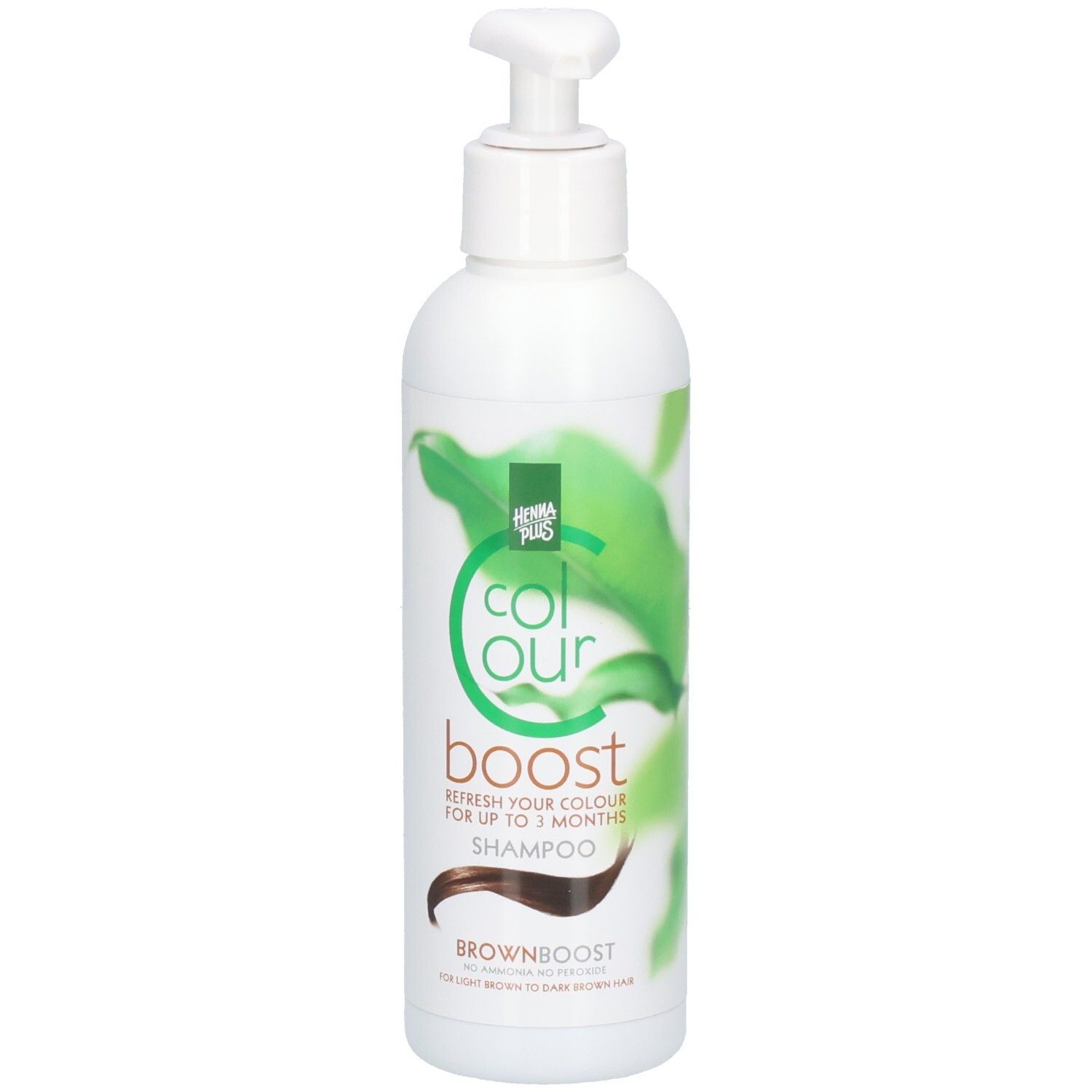 Weißer Shampoo-Behälter mit Pumpe. Aufschrift: Colour Boost, Brownboost. Grünes Logo.