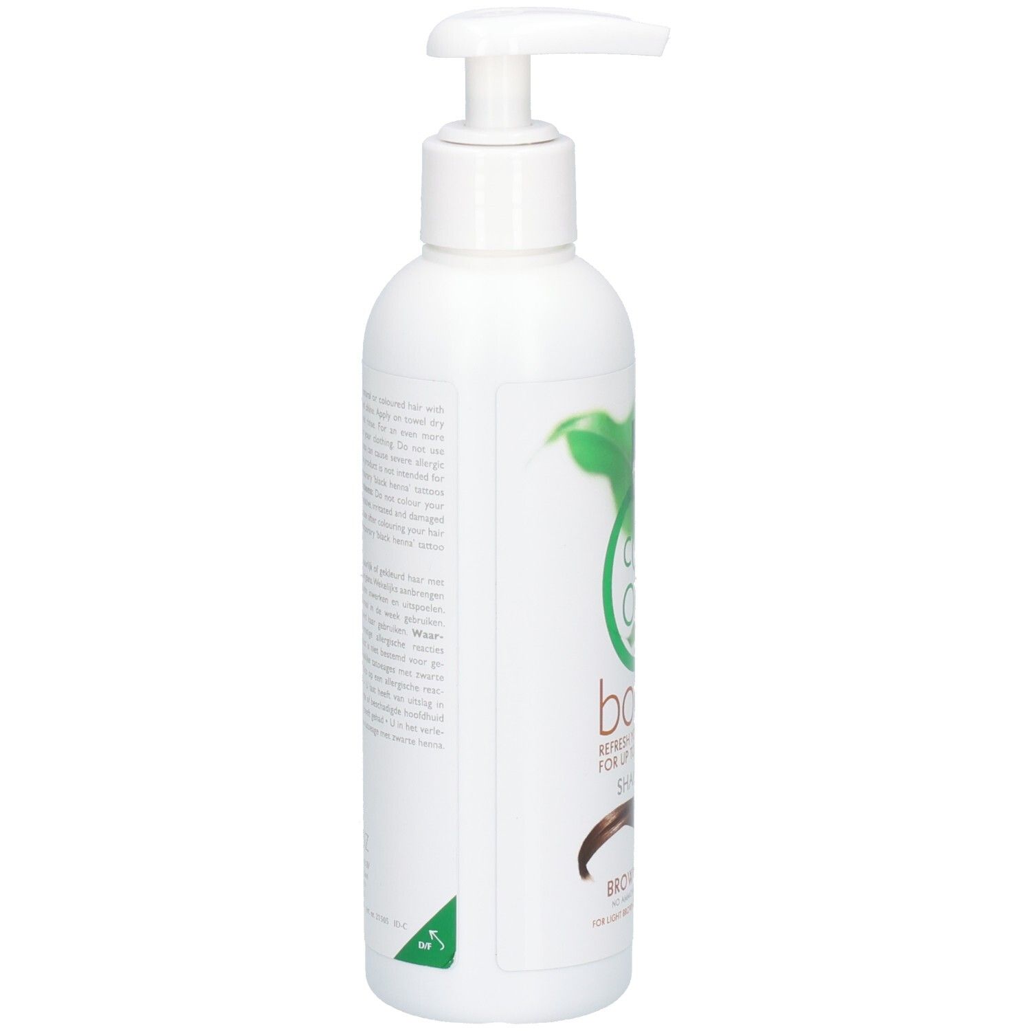 Weißer Shampoo-Behälter mit Pumpe. Text auf der Seite. Grünes Logo.
