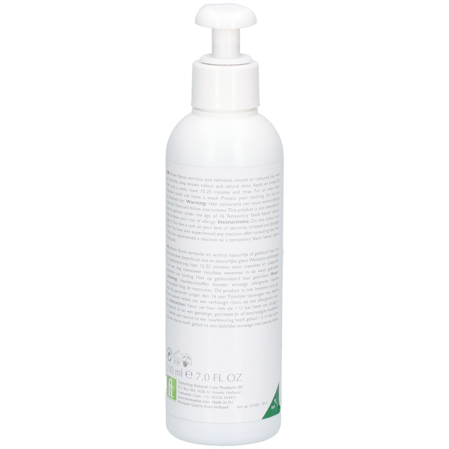 Weißer Shampoo-Behälter mit Pumpe. Text auf der Rückseite. Grünes Logo.