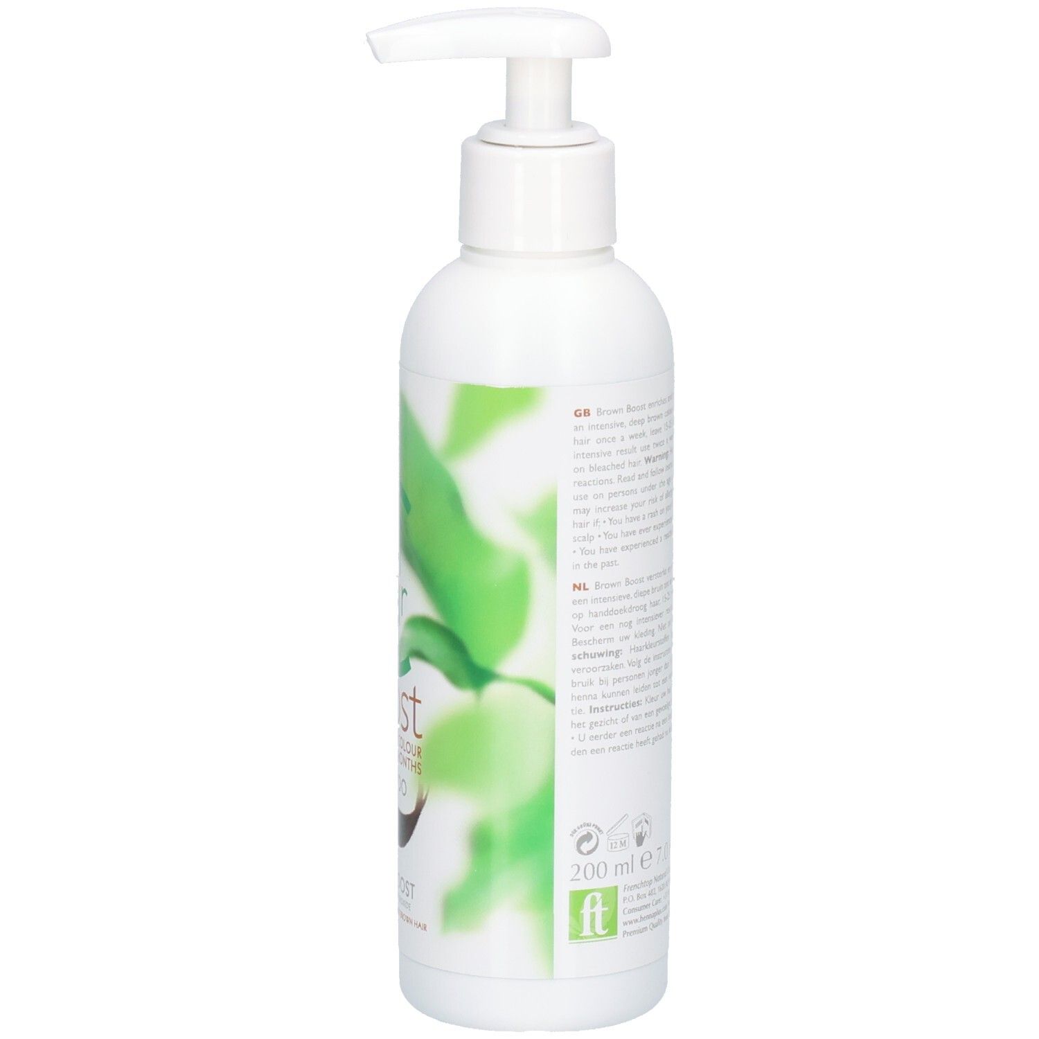 Weißer Shampoo-Behälter mit Pumpe. Text auf der Seite. Grünes Logo.