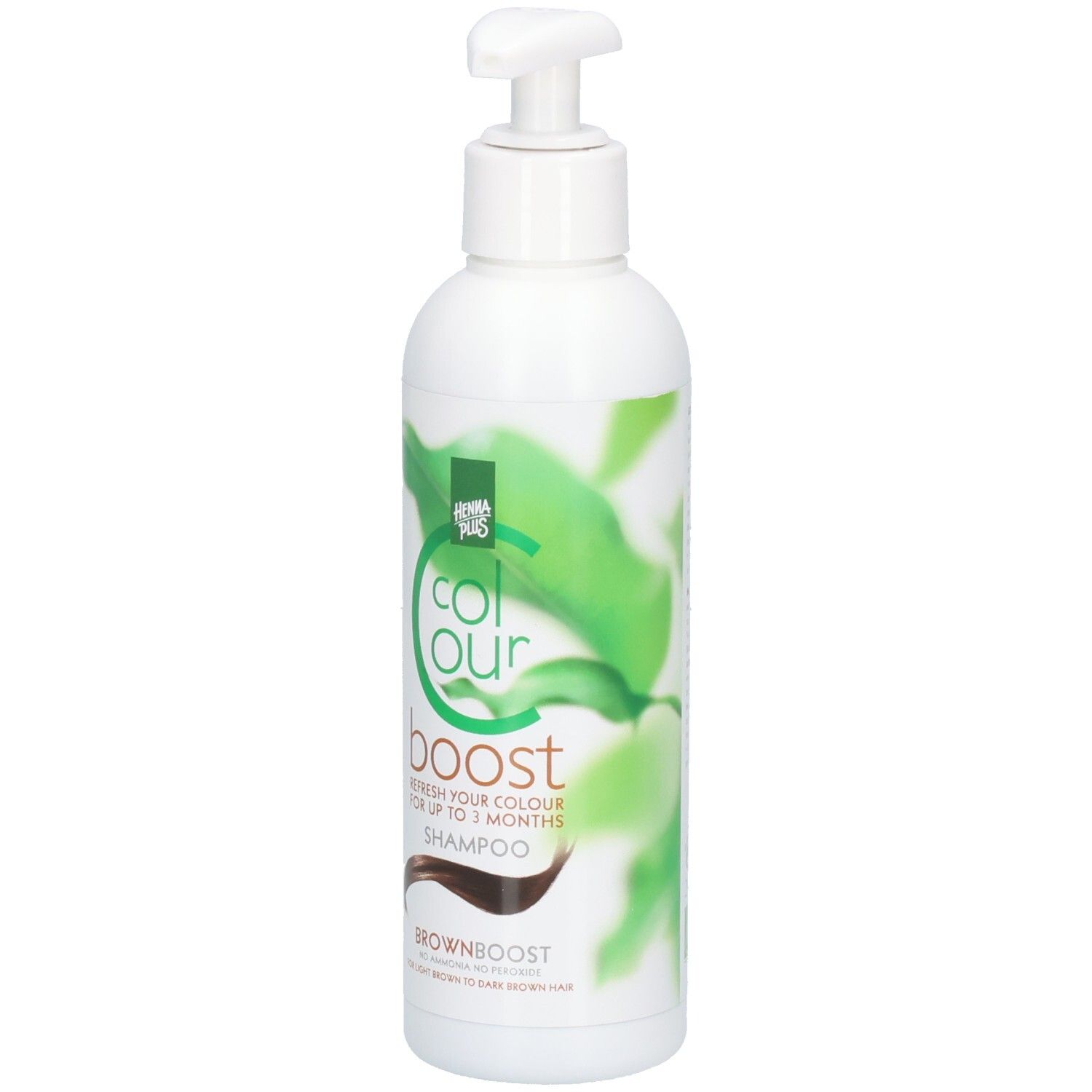 Weißer Shampoo-Behälter mit Pumpe. Aufschrift: Colour Boost, Brownboost. Grünes Logo.