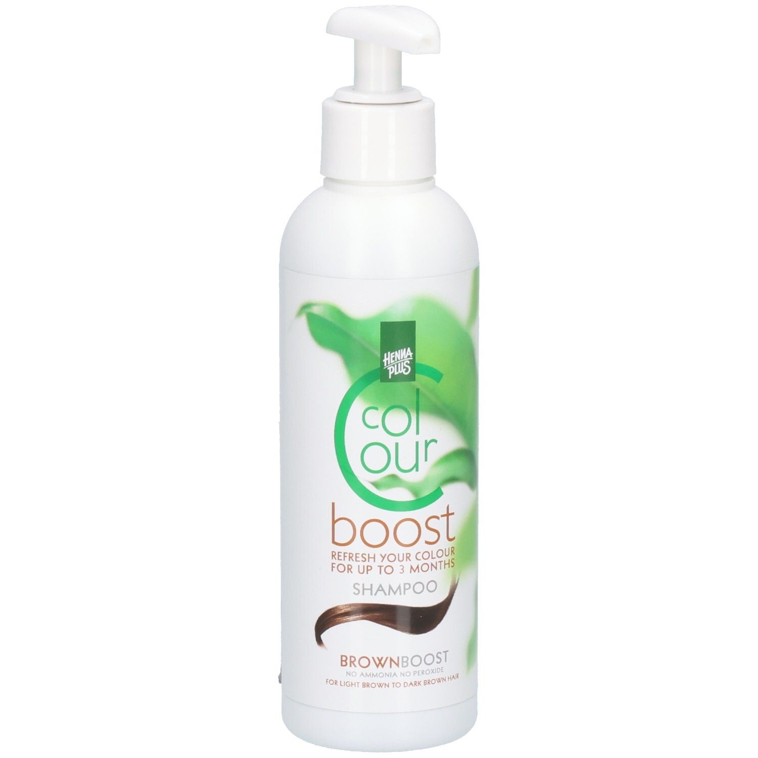 Weißer Shampoo-Behälter mit Pumpe. Aufschrift: Colour Boost, Brownboost. Grünes Logo.