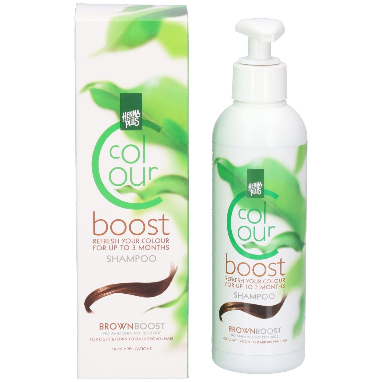 Shampoo-Flasche und Verpackung. Aufschrift: Colour Boost, Brownboost. Grünes Logo.