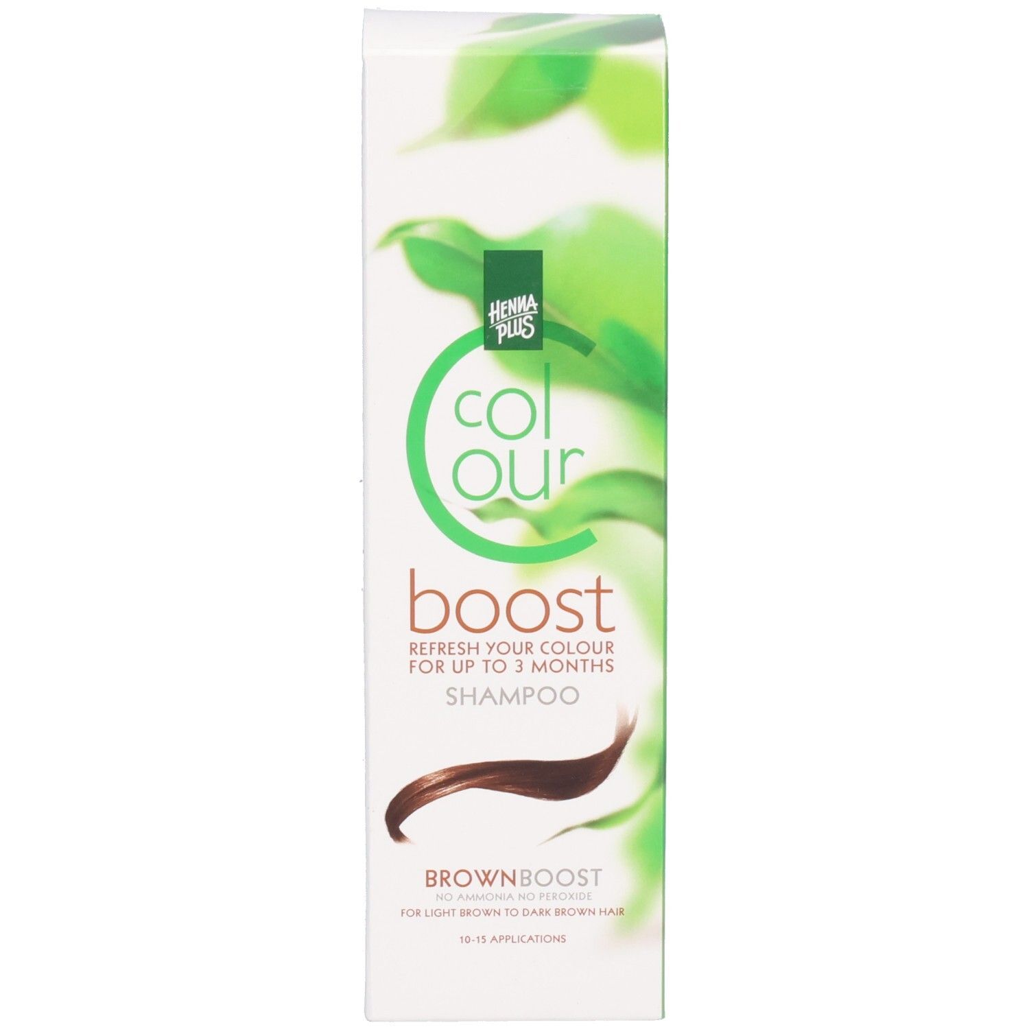 Verpackung. Aufschrift: Colour Boost, Brownboost. Grünes Logo.