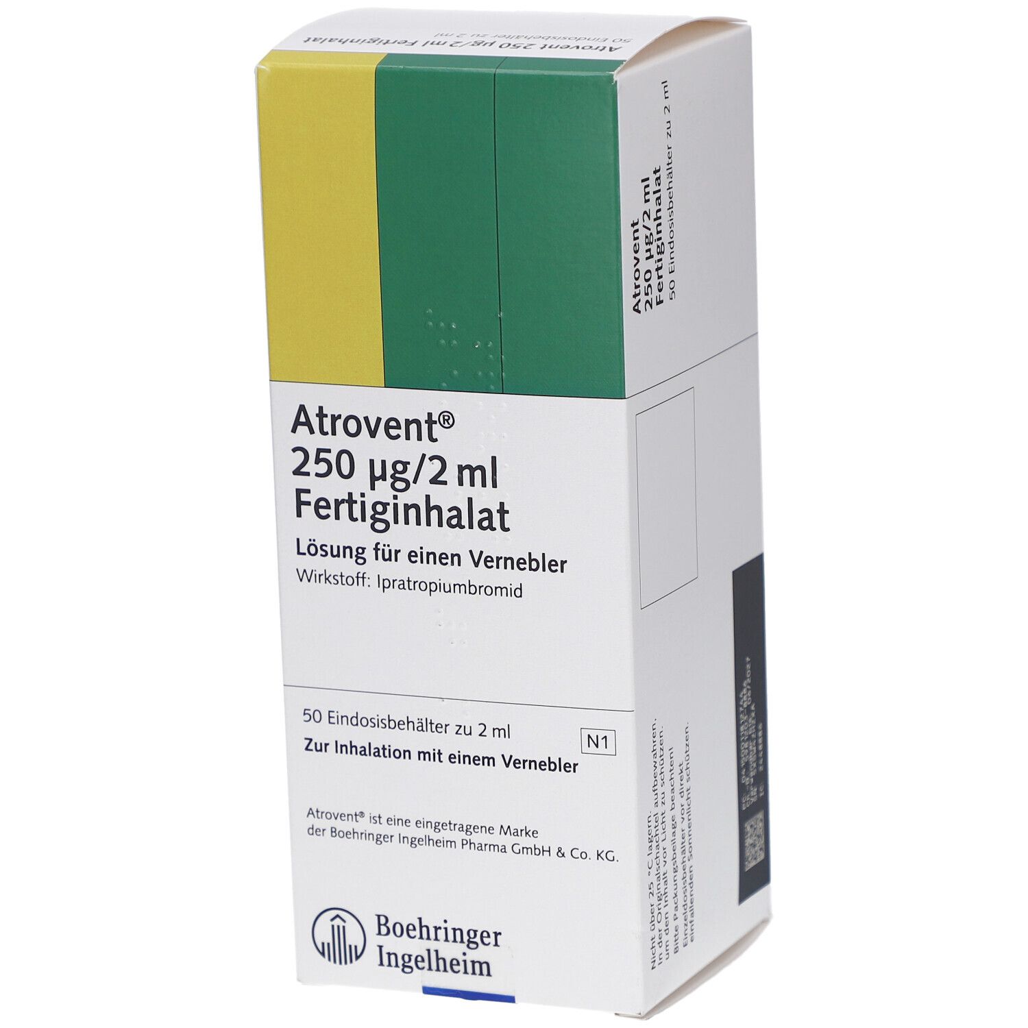 Atrovent 250 µg/2 ml Fertiginhalat-Packung. Weißer Karton mit gelben und grünen Akzenten. Text: Atrovent, Boehringer Ingelheim Logo.