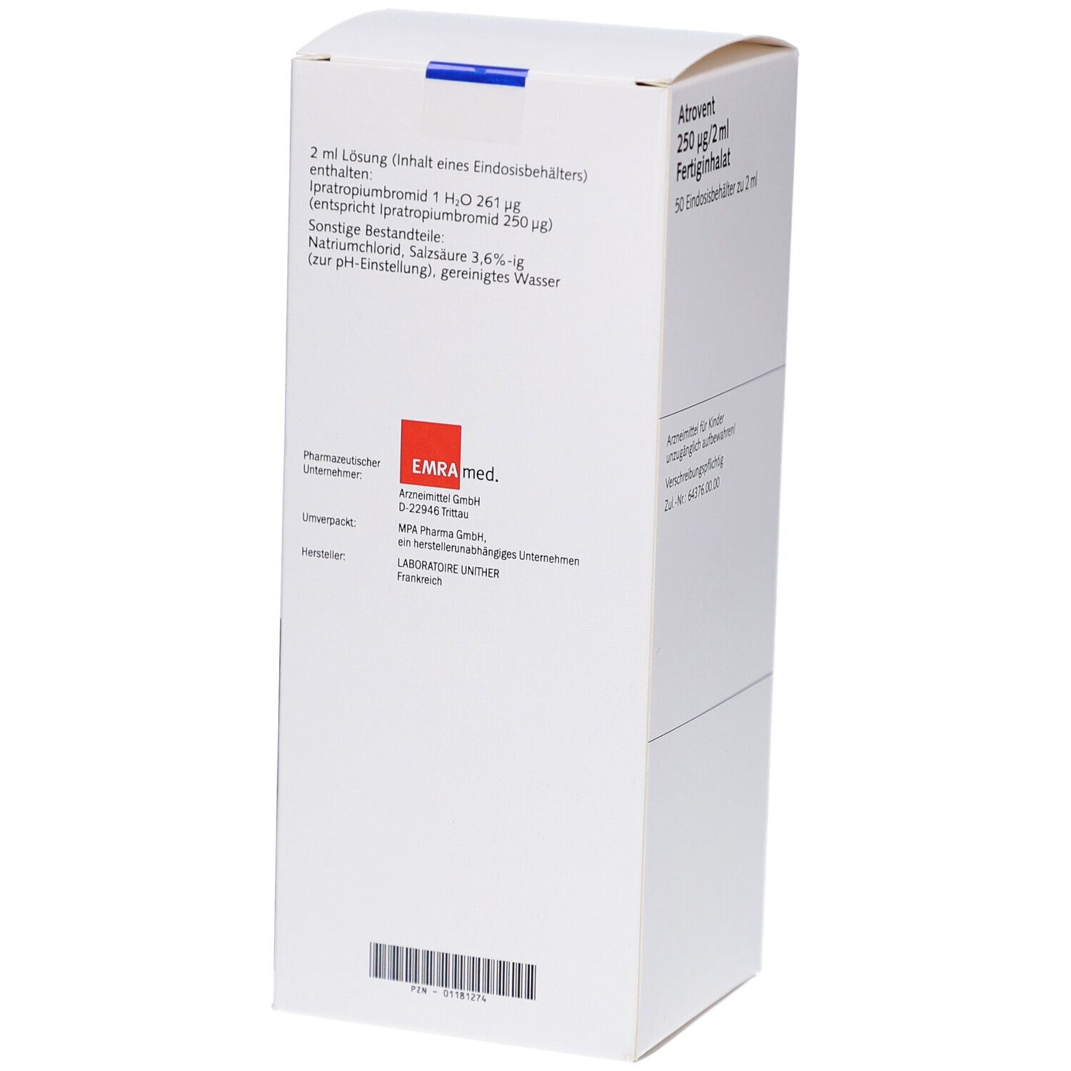 Rückseite der Atrovent 250 µg/2 ml Packung. Weißer Karton mit Text und Barcode. Text: Inhaltsstoffe, Herstellerinformationen.