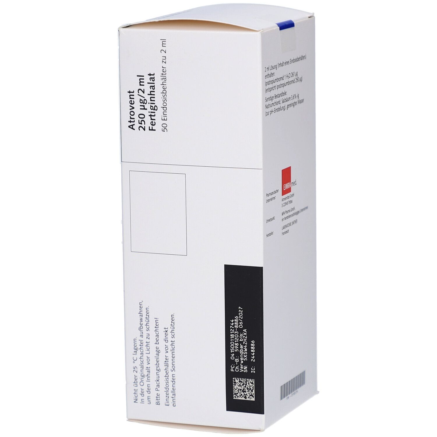 Seite der Atrovent 250 µg/2 ml Packung. Weißer Karton mit Text und Barcode. Text: Lagerhinweise, Chargennummer.