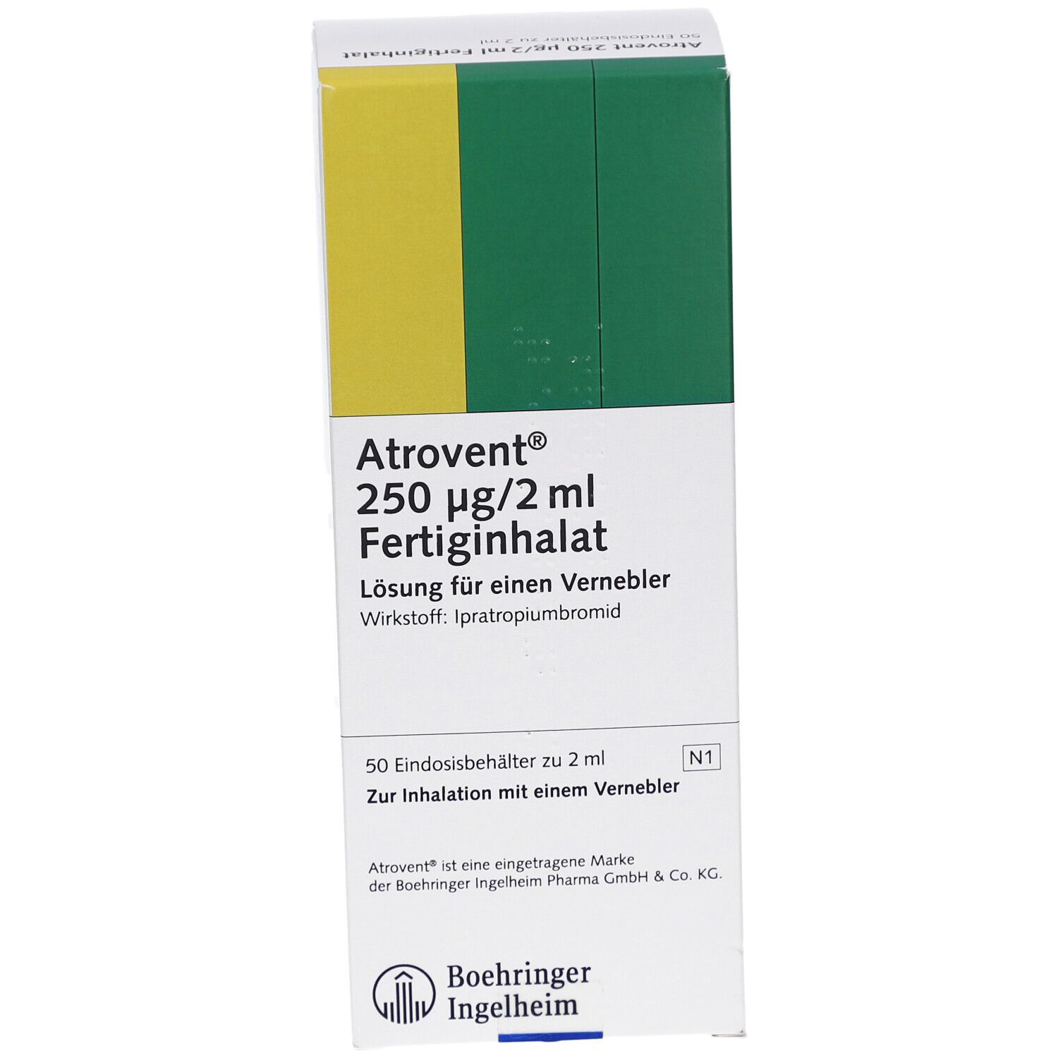 Atrovent 250 µg/2 ml Fertiginhalat-Packung. Weißer Karton mit gelben und grünen Akzenten. Text: Atrovent, Boehringer Ingelheim Logo.