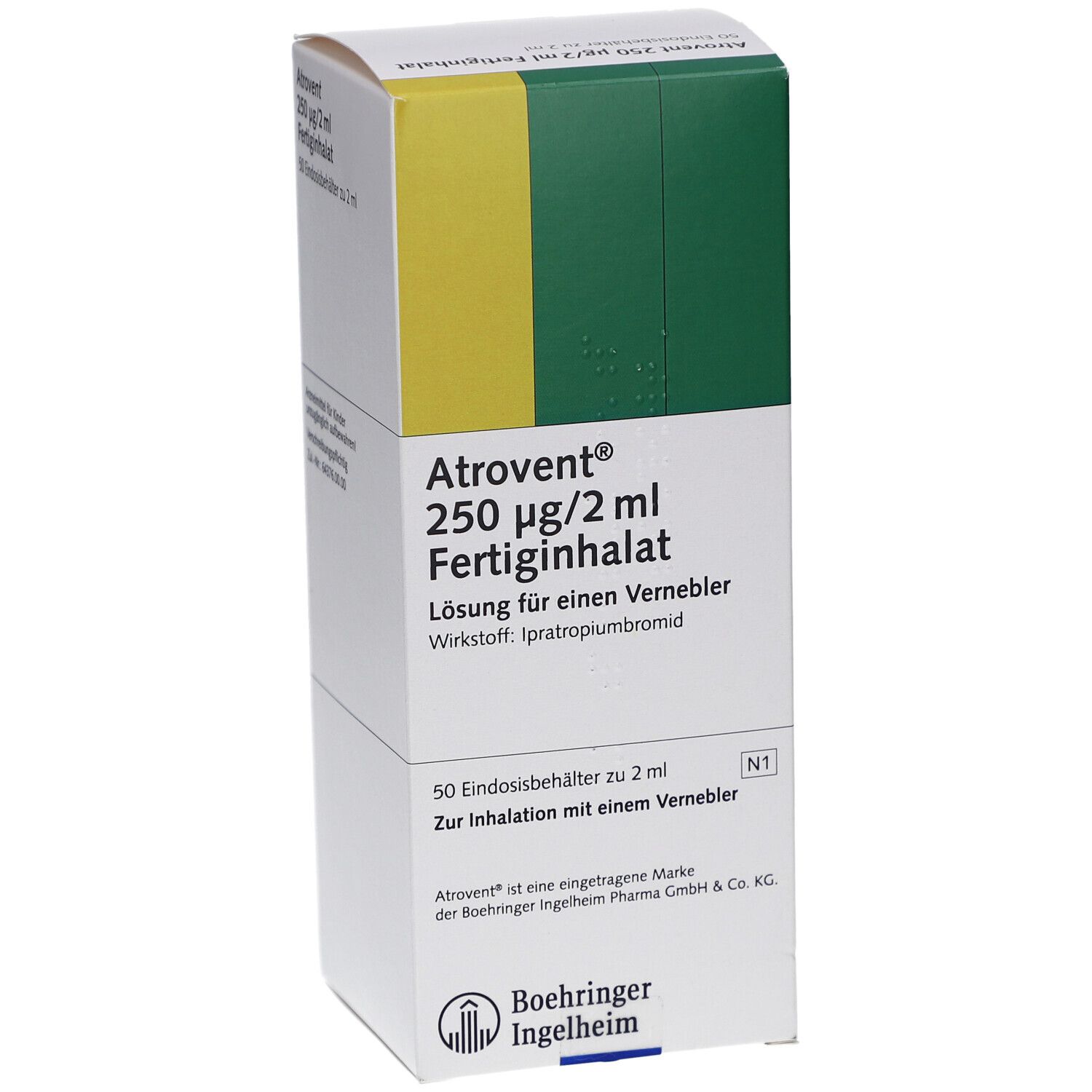 Atrovent 250 µg/2 ml Fertiginhalat-Packung. Weißer Karton mit gelben und grünen Akzenten. Text: Atrovent, 50 Einzeldosisbehälter.