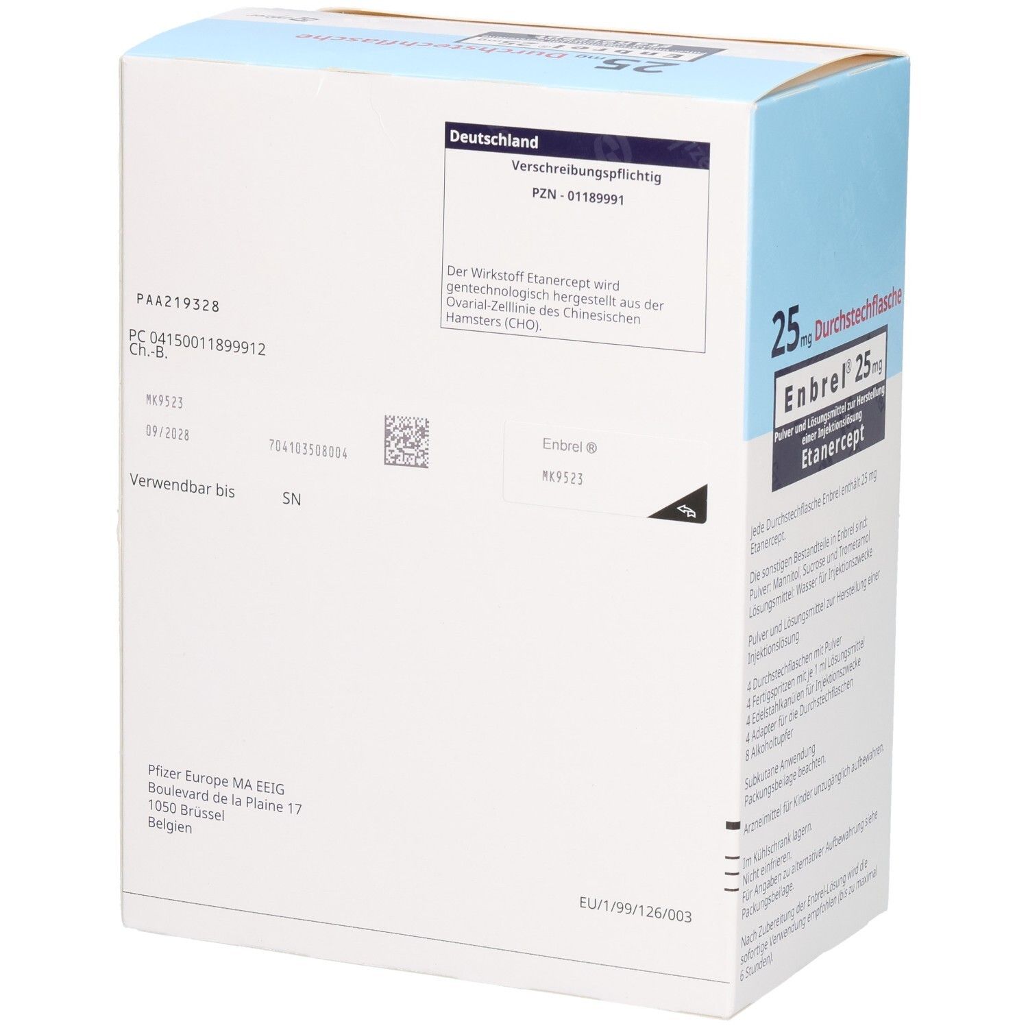 Rückseite der Enbrel® 25 mg Packung mit Zulassungsinformationen und Herstellerdetails.
