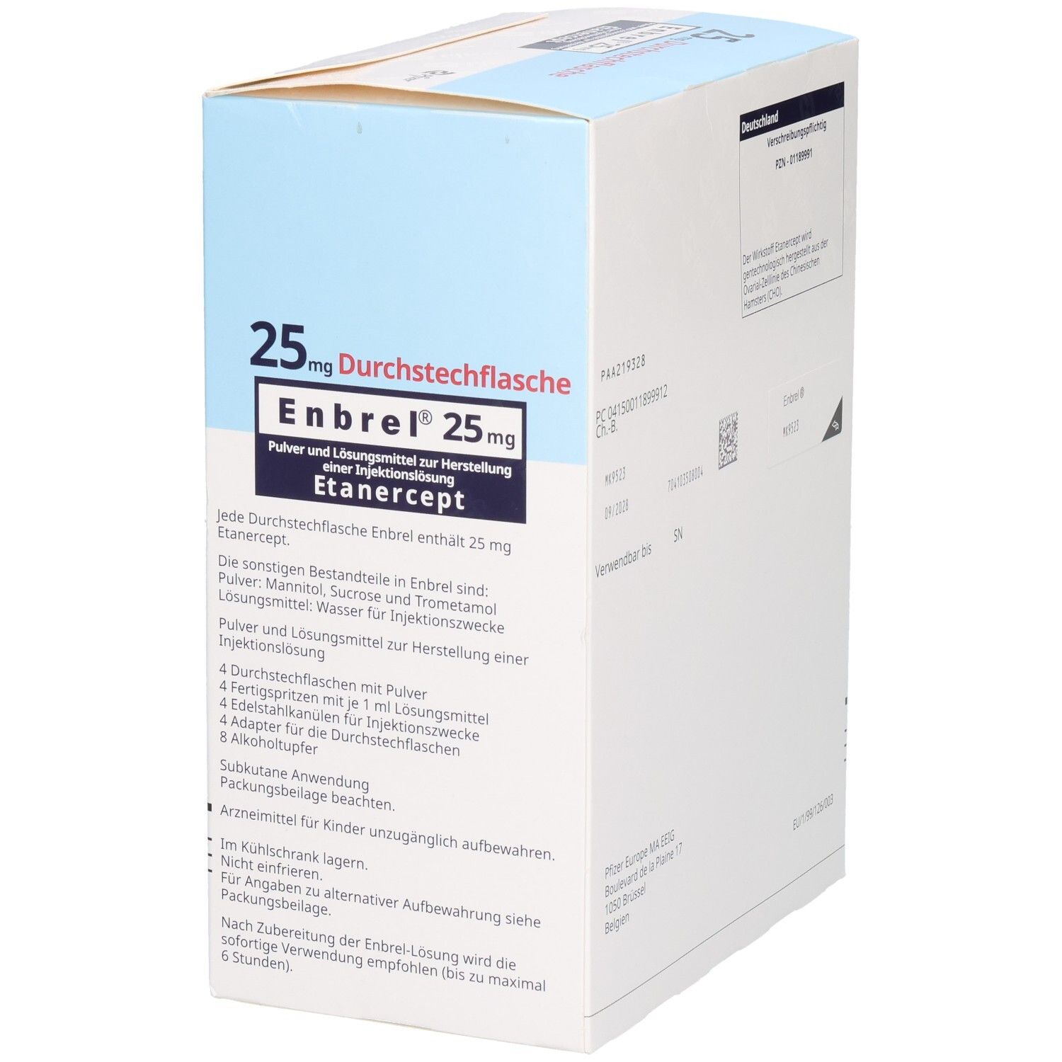 Seitenansicht der Enbrel® 25 mg Packung mit Produktinformationen und Etanercept-Details.