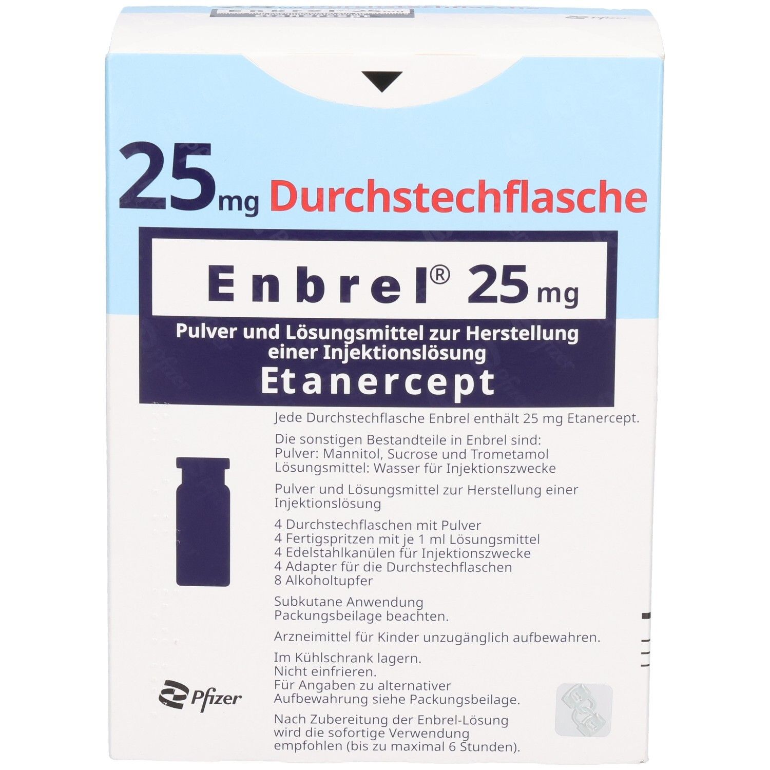 Enbrel® 25 mg Durchstechflasche: Pulver und Lösungsmittel zur Herstellung einer Injektionslösung mit Etanercept.