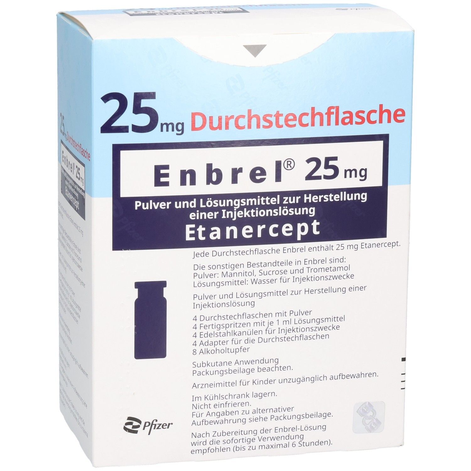 Enbrel® 25 mg Durchstechflasche: Pulver und Lösungsmittel zur Herstellung einer Injektionslösung mit Etanercept.