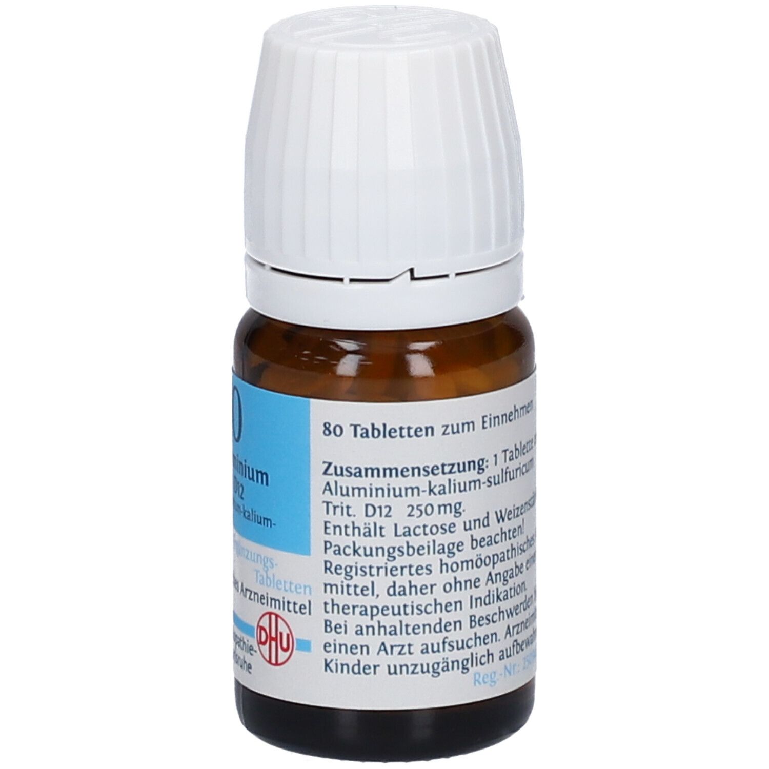 Braune Glasflasche mit weißem Deckel. Etikett mit Text: 80 Tabletten zum Einnehmen. Zusammensetzung, Registriertes homöopathisches Arzneimittel.