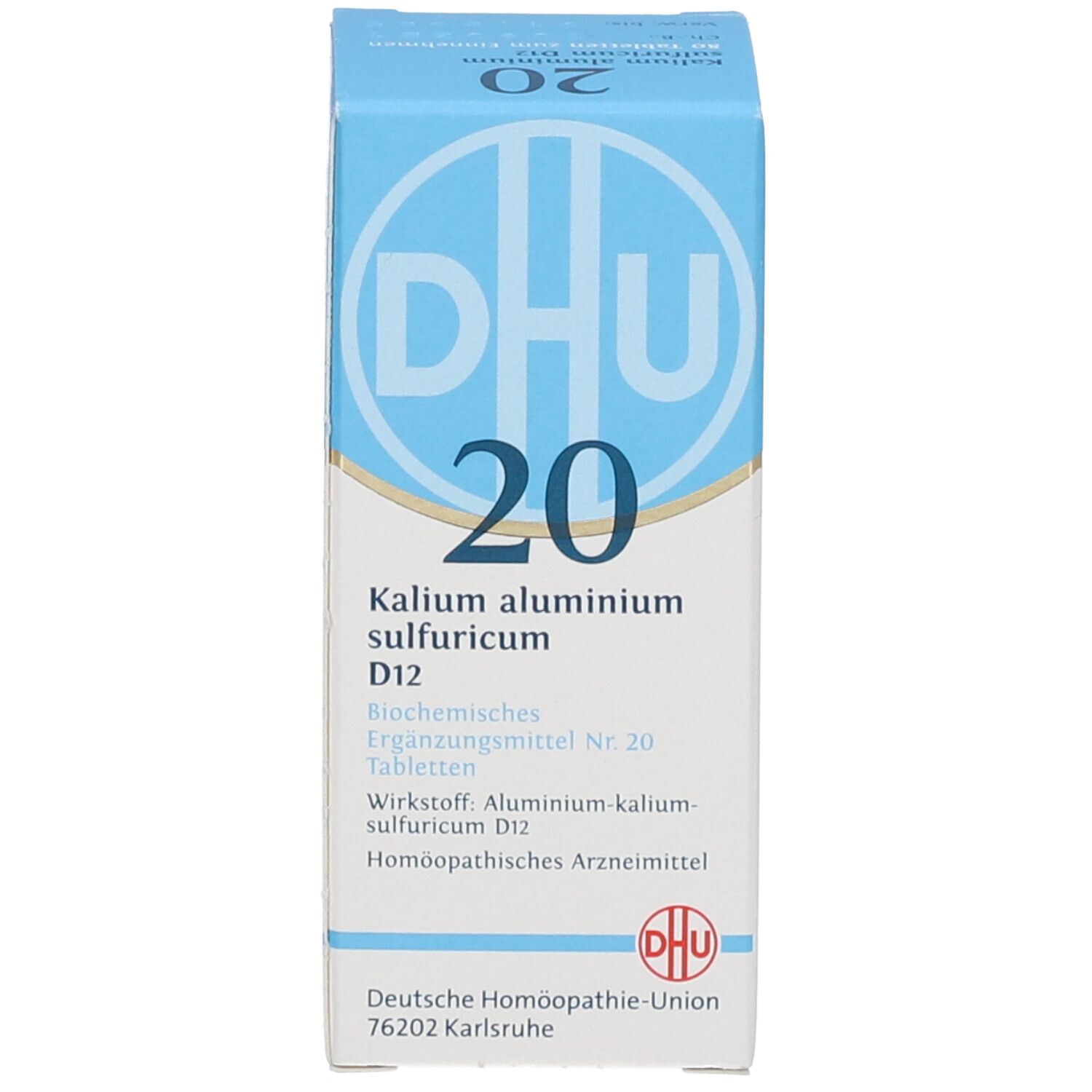 Blaue Produktverpackung. Weißer Text: DHU 20, Kalium aluminium sulfuricum D12. Biochemisches Ergänzungsmittel.