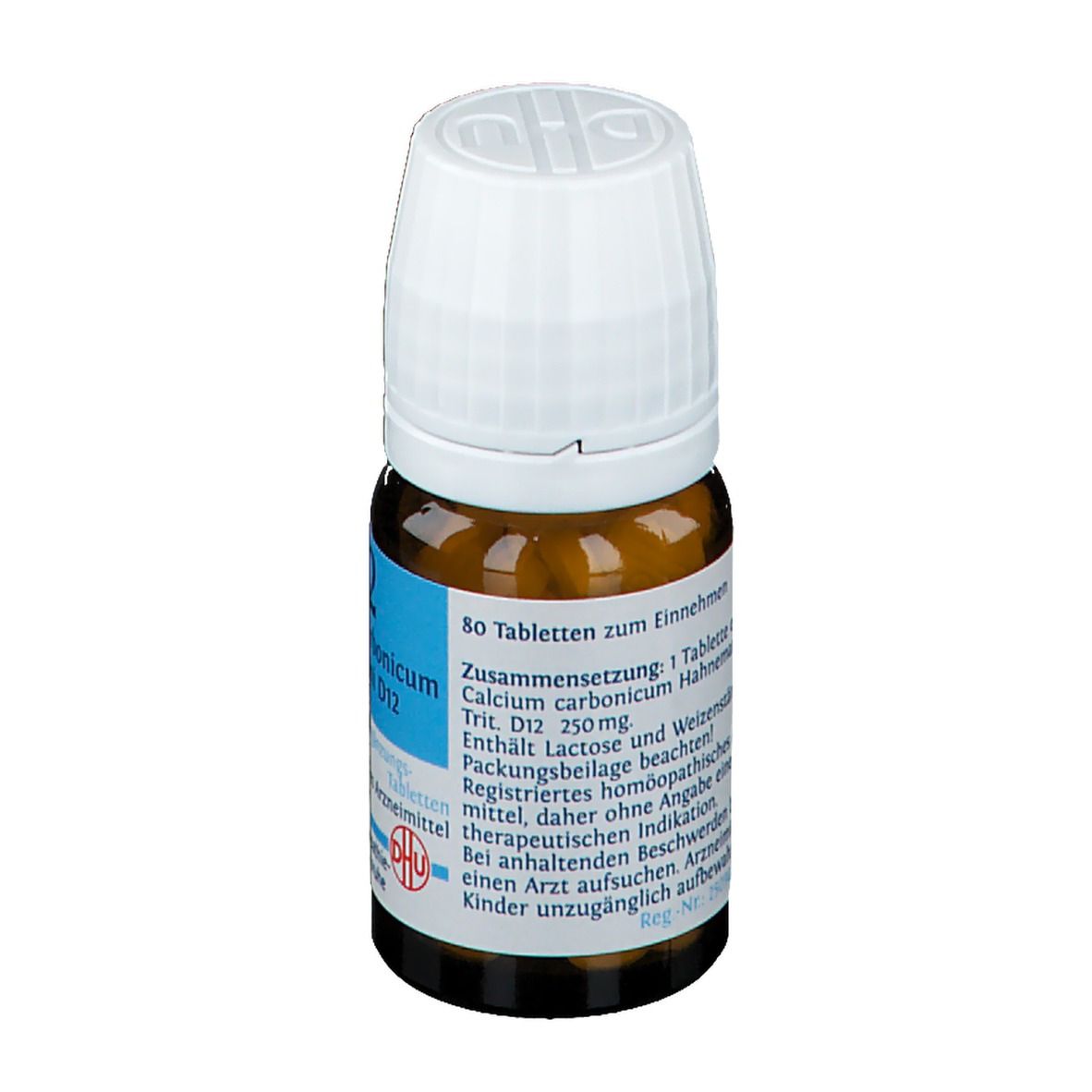 Braune Glasflasche mit weißem Deckel. Etikett mit Text: 80 Tabletten. Zusammensetzung: Calcium carbonicum Hahnemanni D12. DHU Logo.