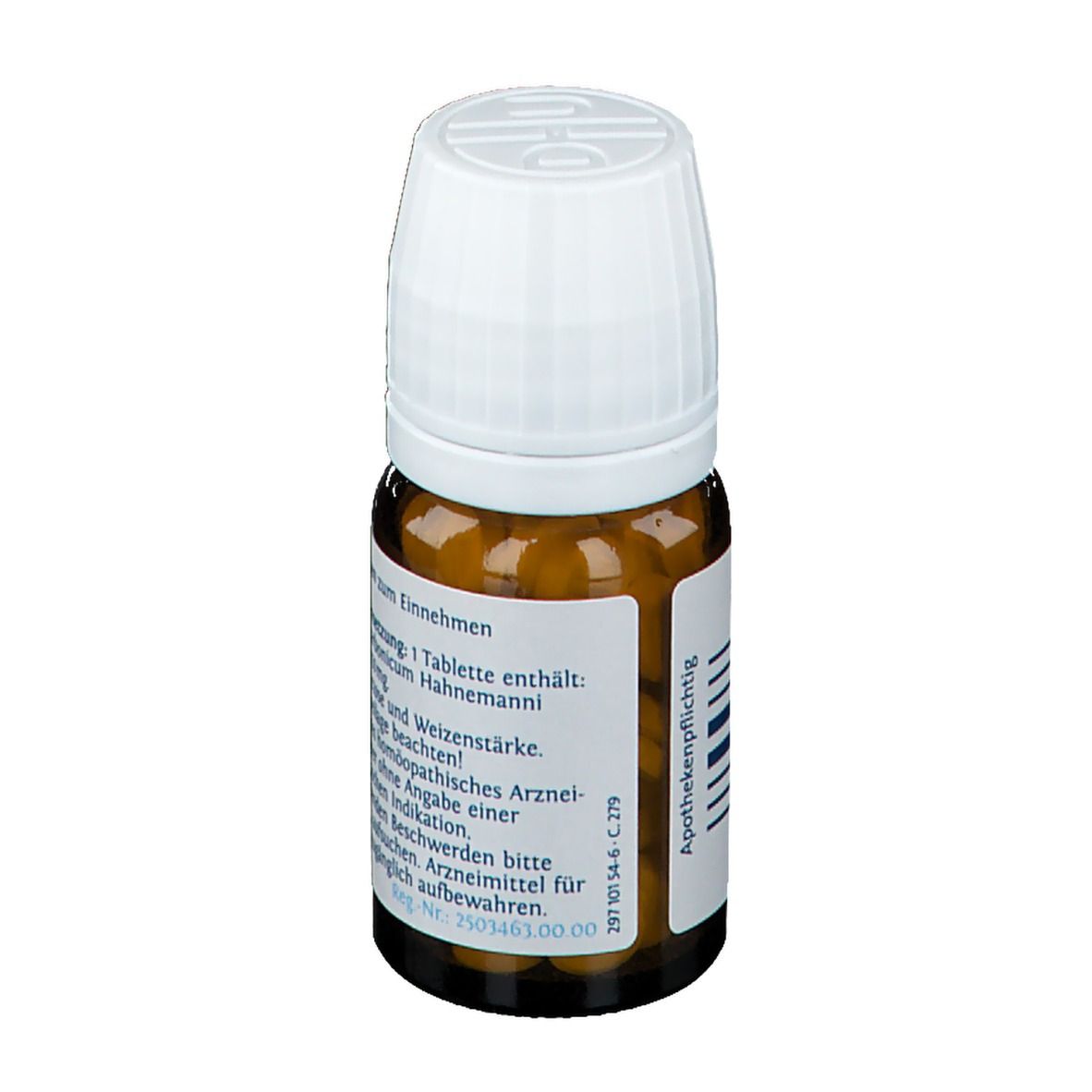 Braune Glasflasche mit weißem Deckel. Rückseite mit Text: 1 Tablette enthält: Calcium carbonicum Hahnemanni. Apothekenpflichtig.