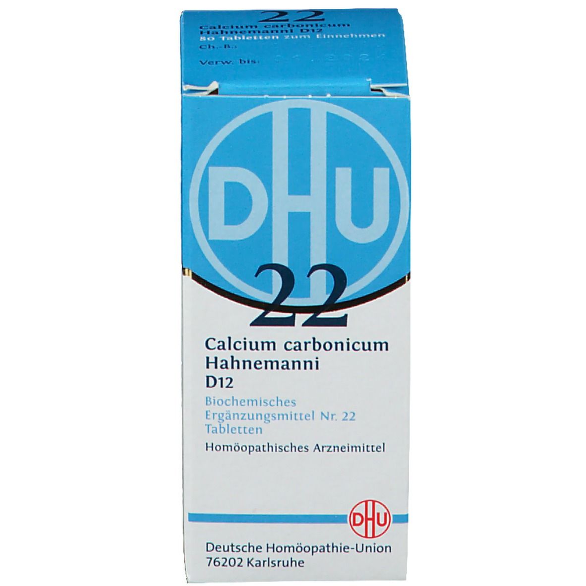 Blau-weiße Schachtel. Aufdruck: DHU 22 Calcium carbonicum Hahnemanni D12. Biochemisches Ergänzungsmittel. Homöopathisches Arzneimittel.