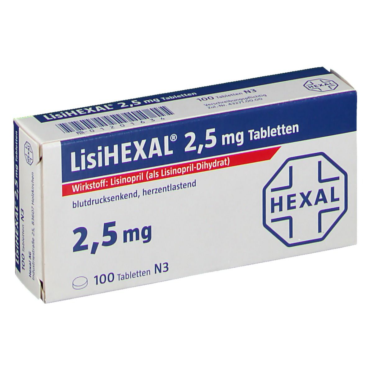 Schachtel mit LisiHEXAL 2,5 mg Tabletten. Aufschrift: 2,5 mg, 100 Tabletten. Logo von HEXAL.