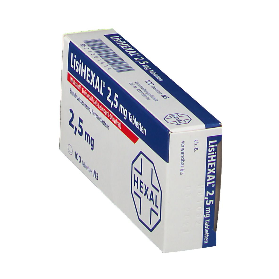 Schachtel LisiHEXAL 2,5 mg Tabletten. Aufschrift: 2,5 mg, 100 Tabletten. Logo von HEXAL.
