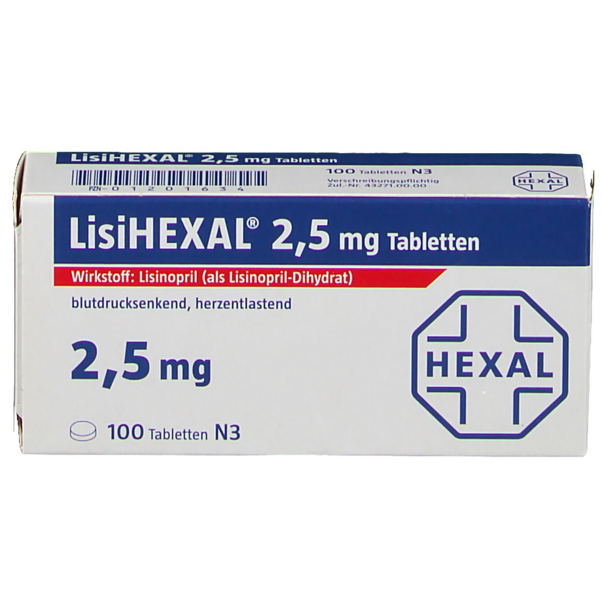 Schachtel mit LisiHEXAL 2,5 mg Tabletten. Aufschrift: 2,5 mg, 100 Tabletten. Logo von HEXAL.