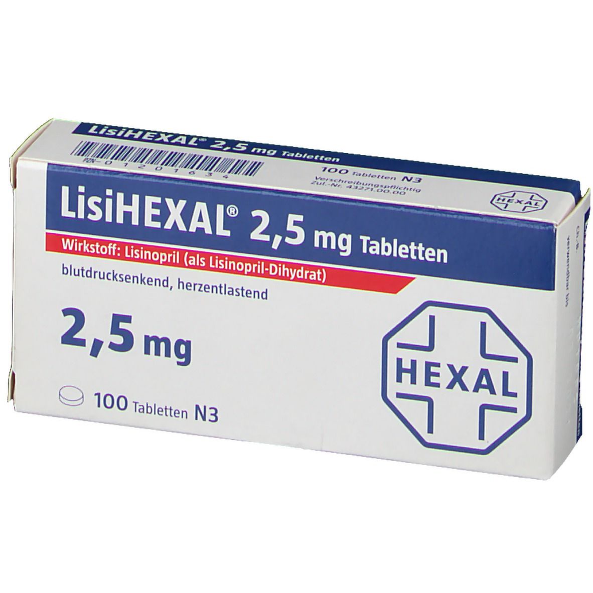 Schachtel mit LisiHEXAL 2,5 mg Tabletten. Aufschrift: 2,5 mg, 100 Tabletten. Logo von HEXAL.