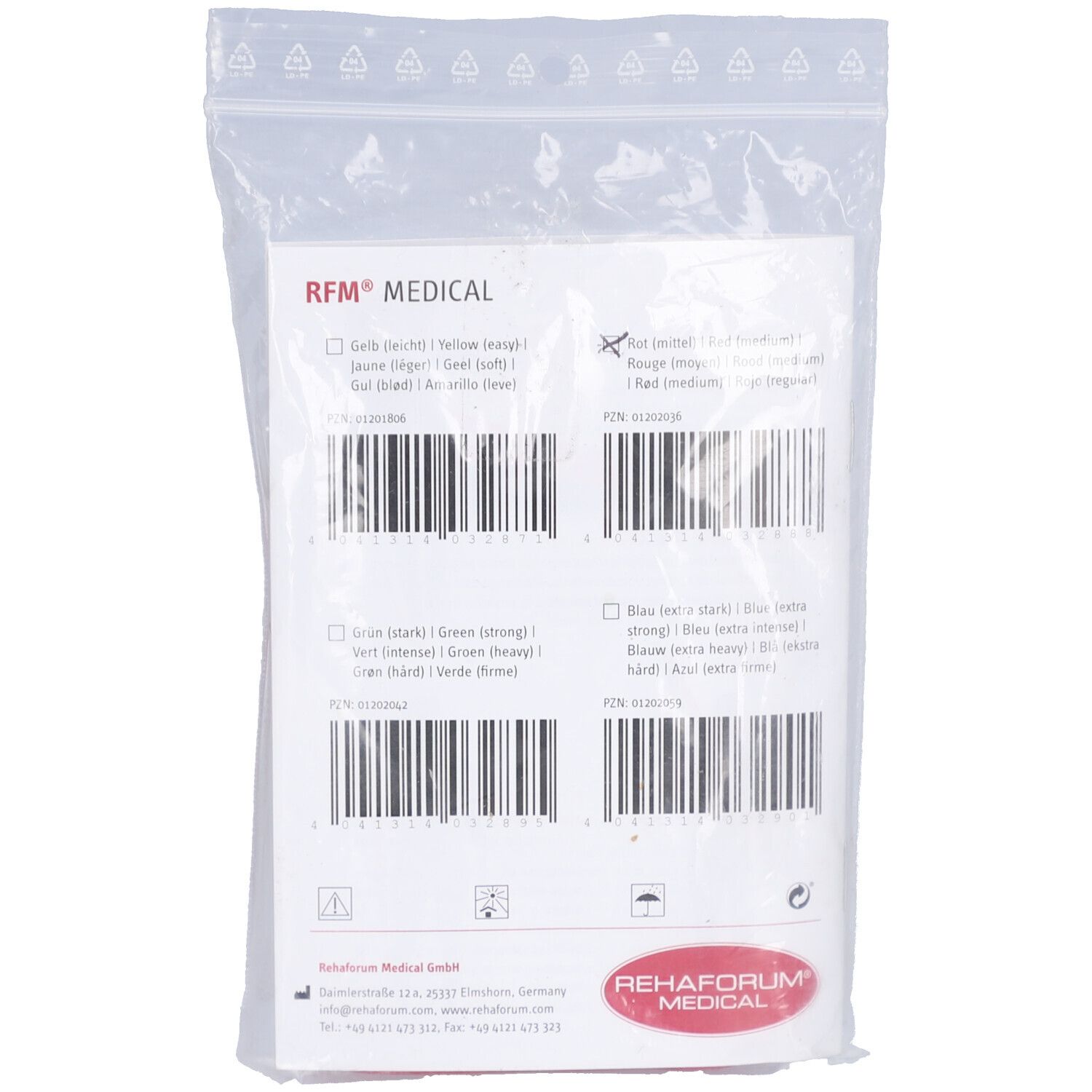 Rückseite der Verpackung. Barcodes, Farbauswahl für Gymnastikbänder. Marke: RFM MEDICAL. Text in Deutsch, Französisch, Italienisch, Niederländisch.