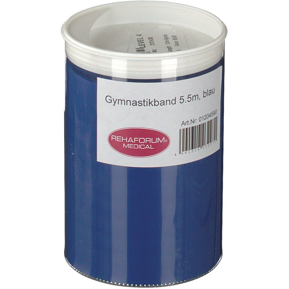 Blaues Gymnastikband in zylindrischer Verpackung. Aufkleber mit Produktinformationen und Logo. Deckel weiß.