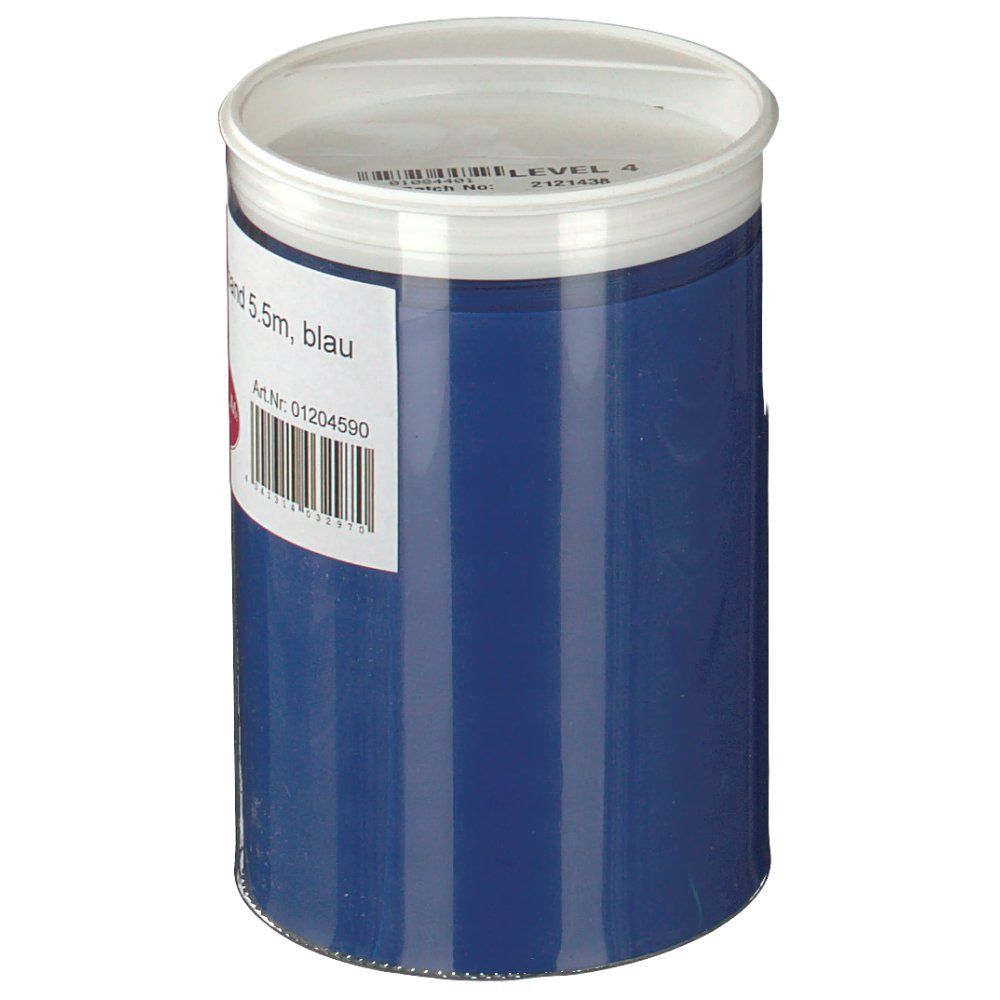 Zylindrische Verpackung mit blauem Gymnastikband. Aufkleber mit Produktinformationen. Weißer Deckel.