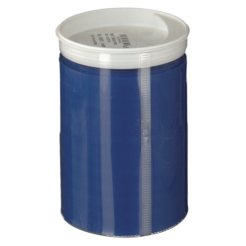 Blaues Gymnastikband in zylindrischer Verpackung. Transparente Folie umwickelt. Weißer Deckel.