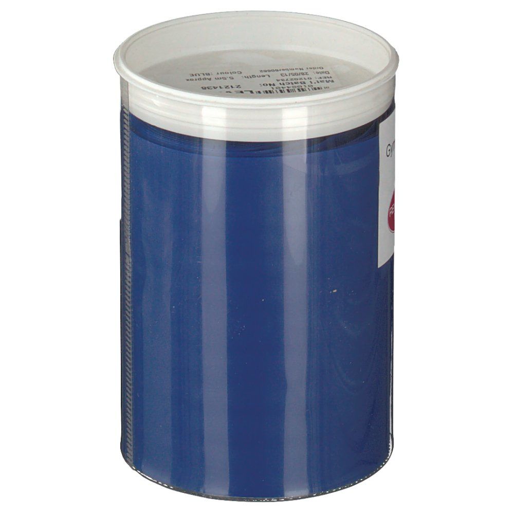 Zylindrische Verpackung mit blauem Gymnastikband. Weißer Deckel. Etikett mit Produktinformationen.