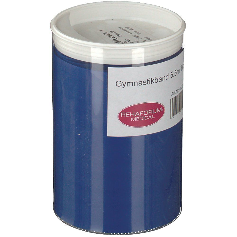 Zylindrische Verpackung mit blauem Gymnastikband. Aufkleber mit Produktinformationen und Logo. Weißer Deckel.
