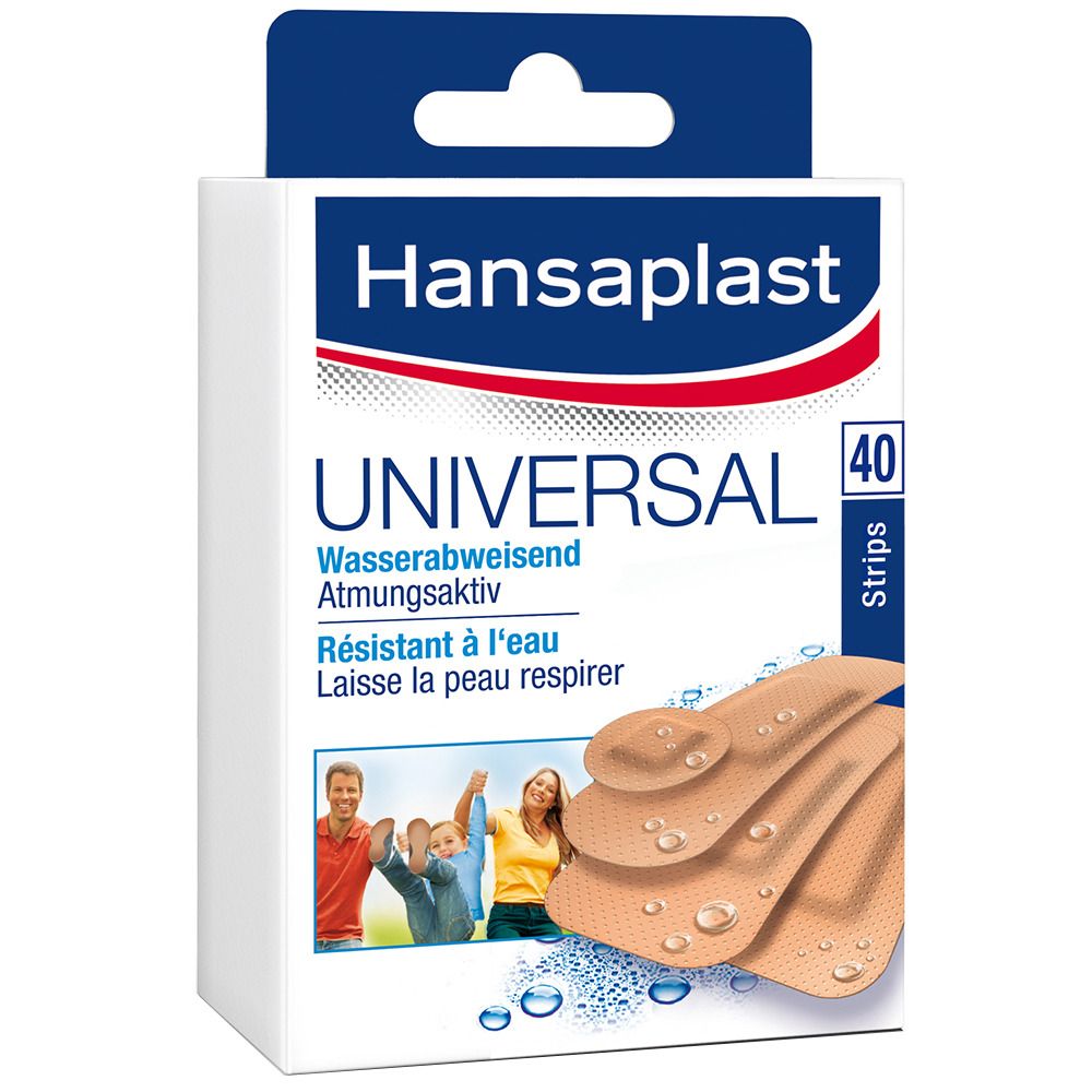 Verpackung mit Hansaplast Universal wasserfesten Strips. Enthält 40 Strips. Aufdruck: Universal, wasserabweisend, atmungsaktiv.