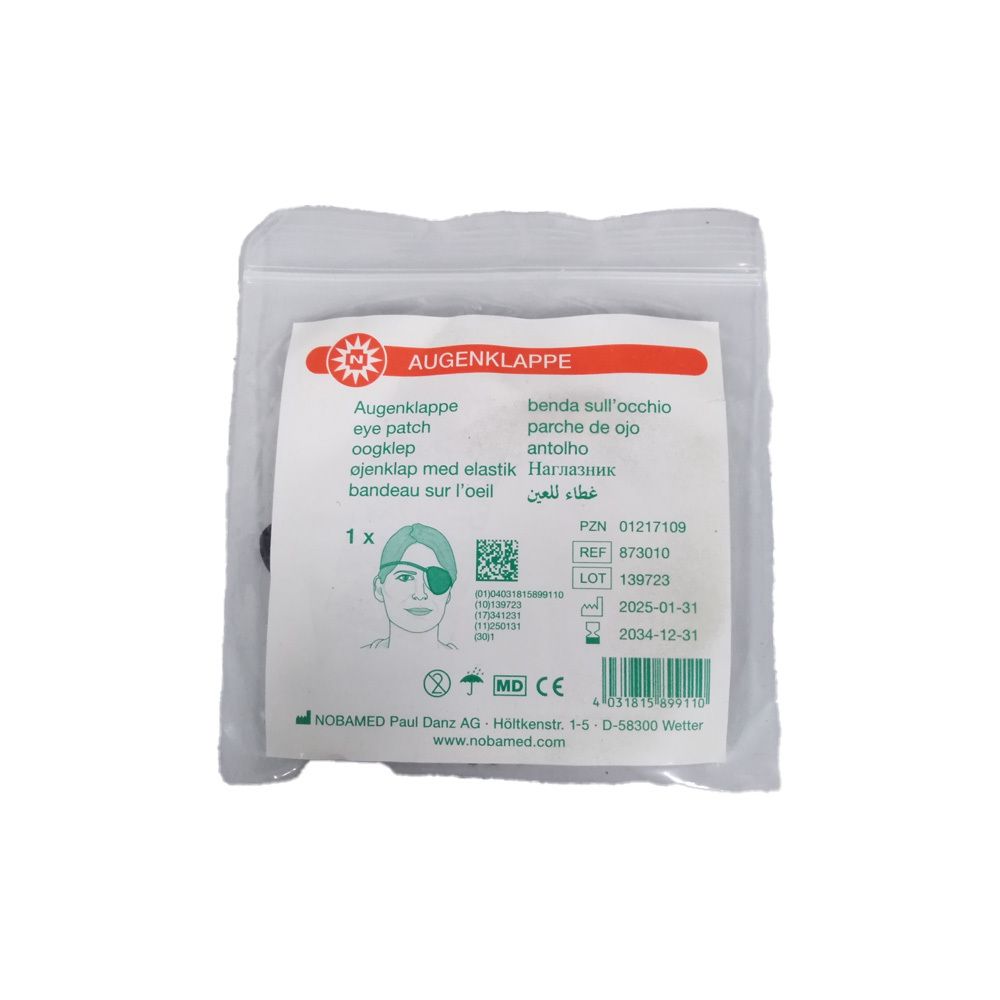 Augenklappe in Folienverpackung. Aufdruck mit Produktname, Gebrauchsanweisung und Chargennummer. Mit CE-Kennzeichnung.