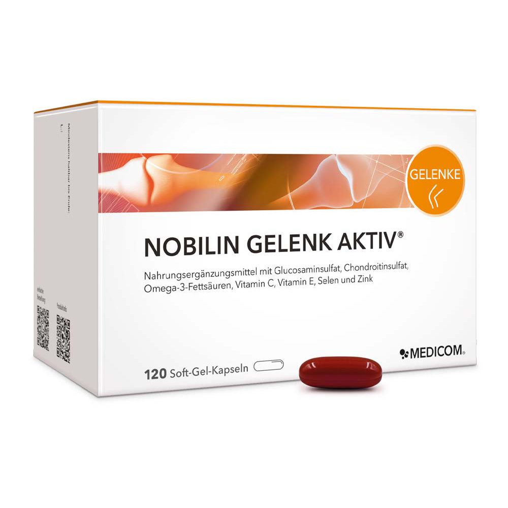 Weiße Schachtel mit NOBILIN GELENK AKTIV Kapseln. Eine Kapsel liegt daneben. Aufdruck: 120 Soft-Gel-Kapseln, MEDICOM.