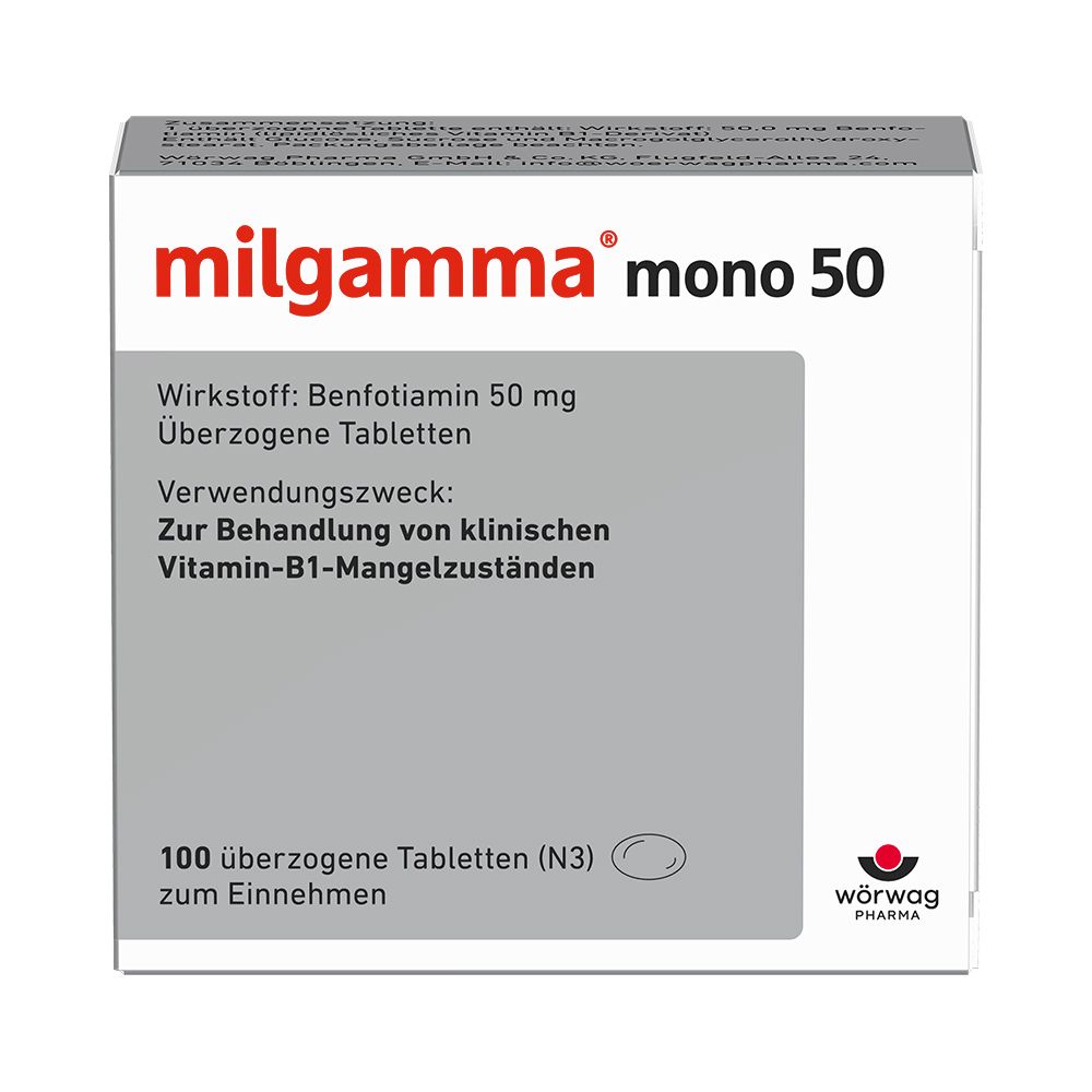 Karton von milgamma® mono 50. Enthält 100 Tabletten. Aufdruck: Wirkstoff, Verwendungszweck, Herstellerlogo.