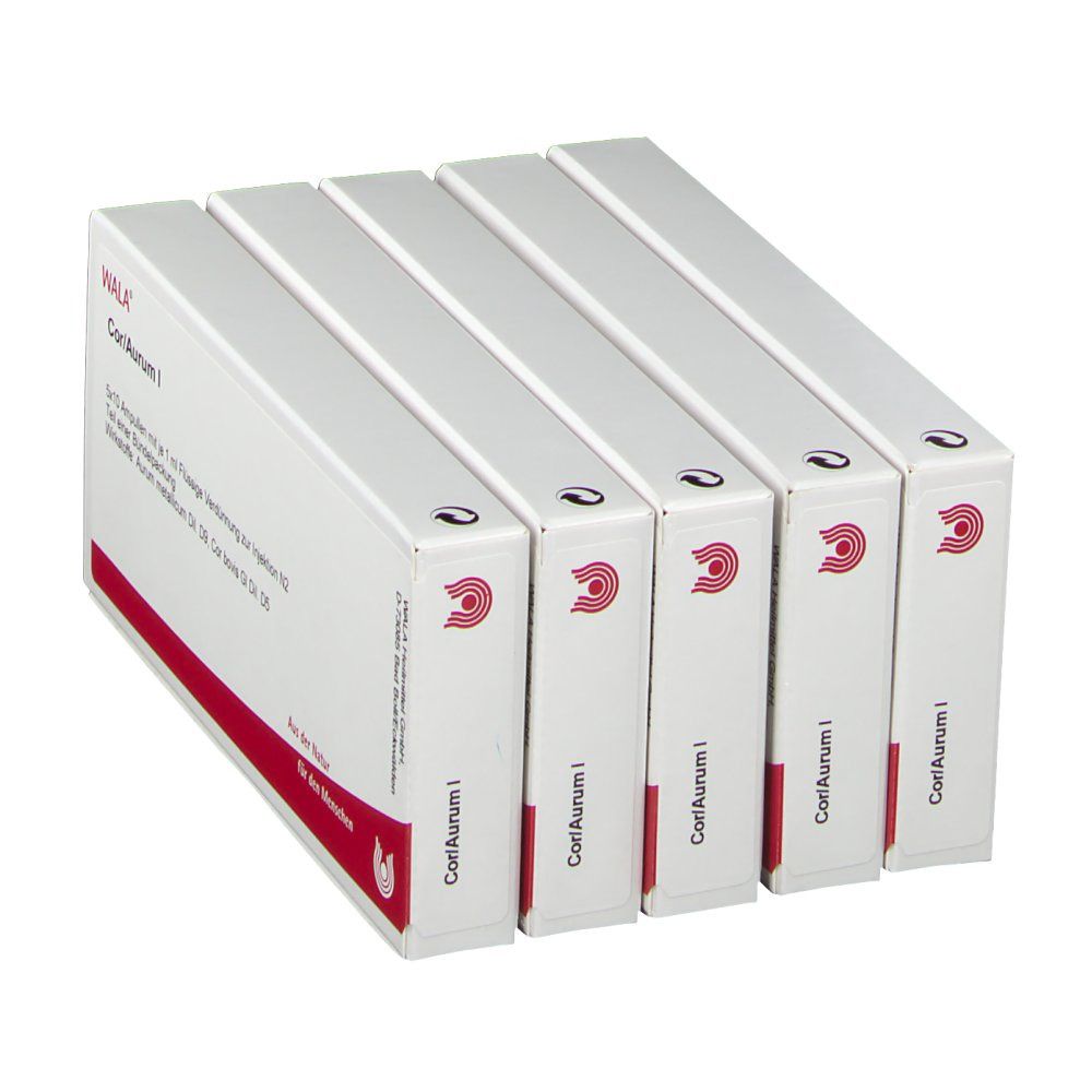 Fünf Schachteln WALA® Cor/Aurum I Ampullen, weiß mit roter Schrift. Aufdrucke: Name, Logo, Hersteller.
