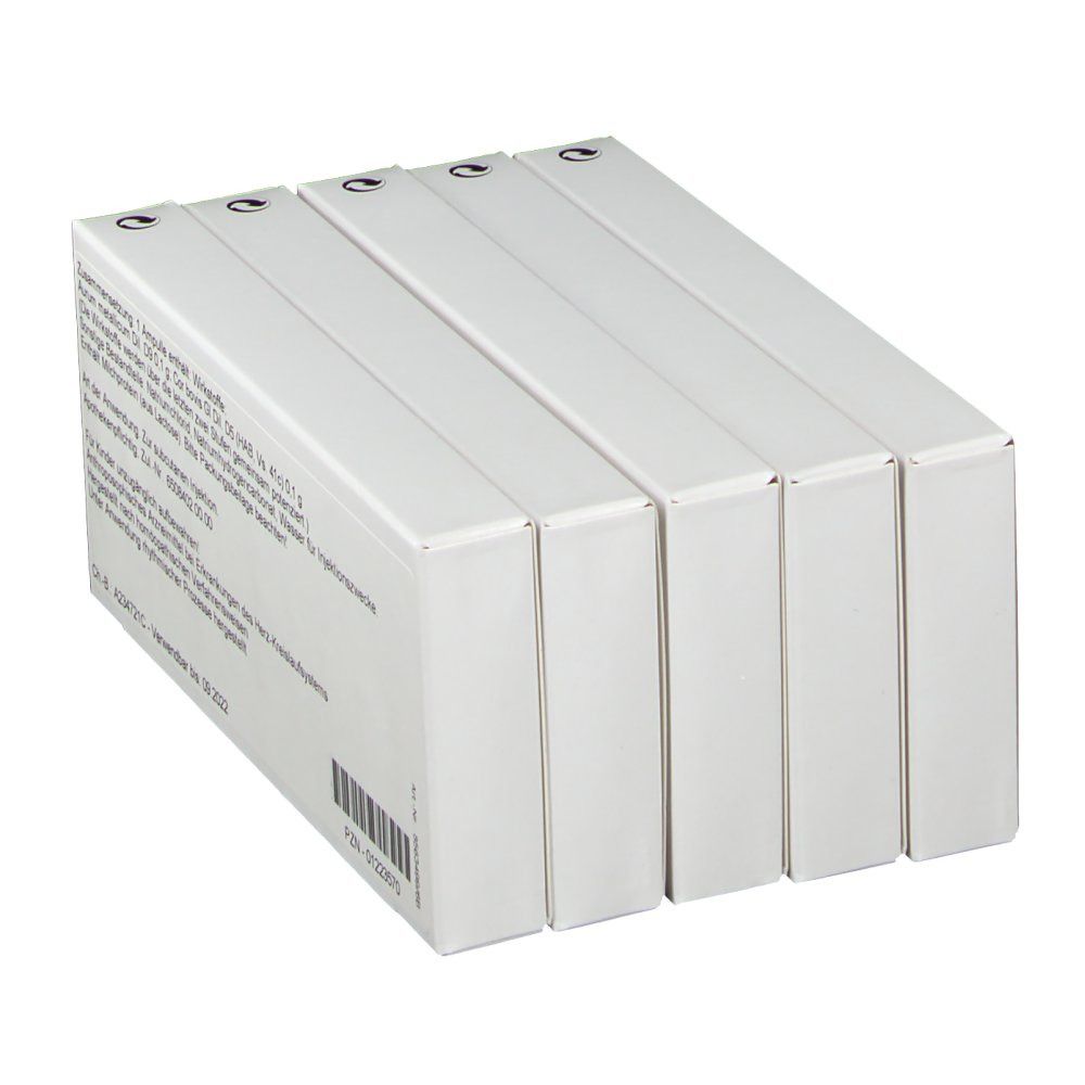 Fünf weiße Schachteln WALA® Cor/Aurum I Ampullen. Aufdrucke: Name, Inhaltsstoffe, Chargennummer, Verfallsdatum.