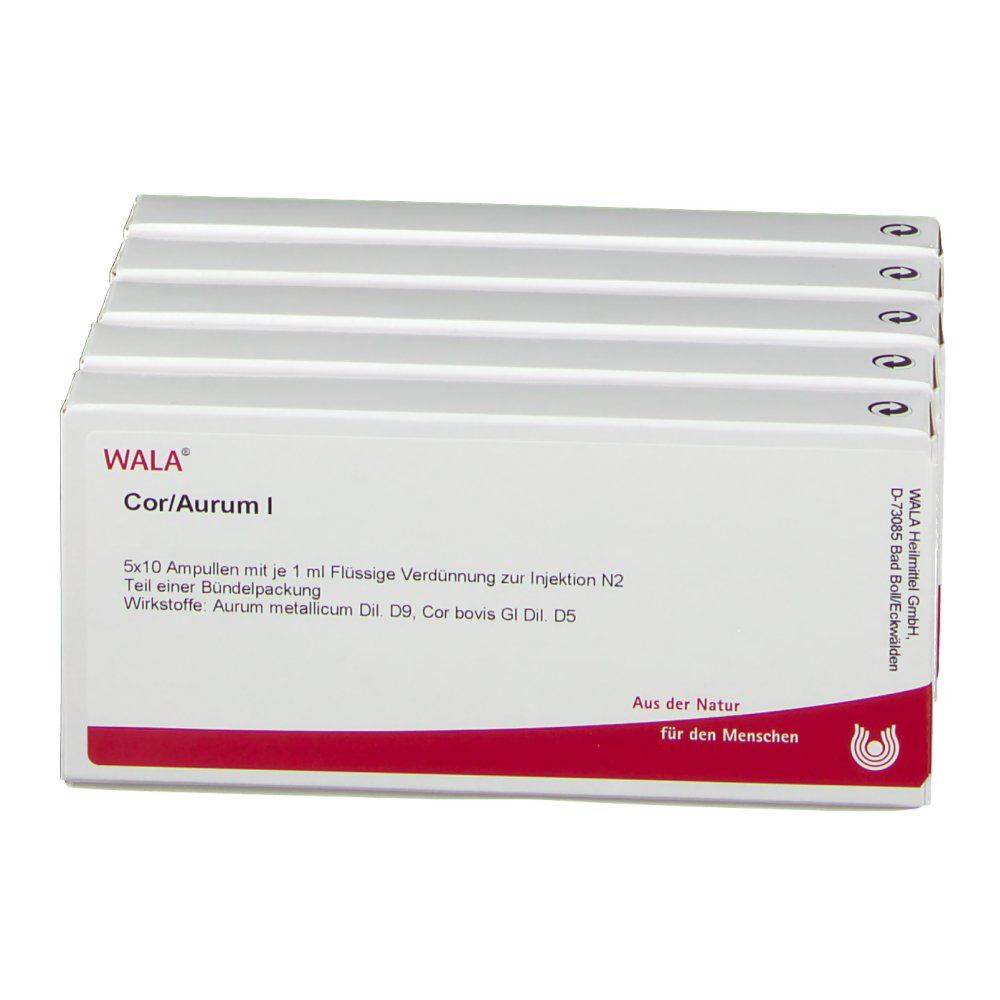 Fünf Schachteln WALA® Cor/Aurum I Ampullen, weiß mit roter Schrift. Aufdrucke: Name, Inhaltsstoffe, Hersteller.