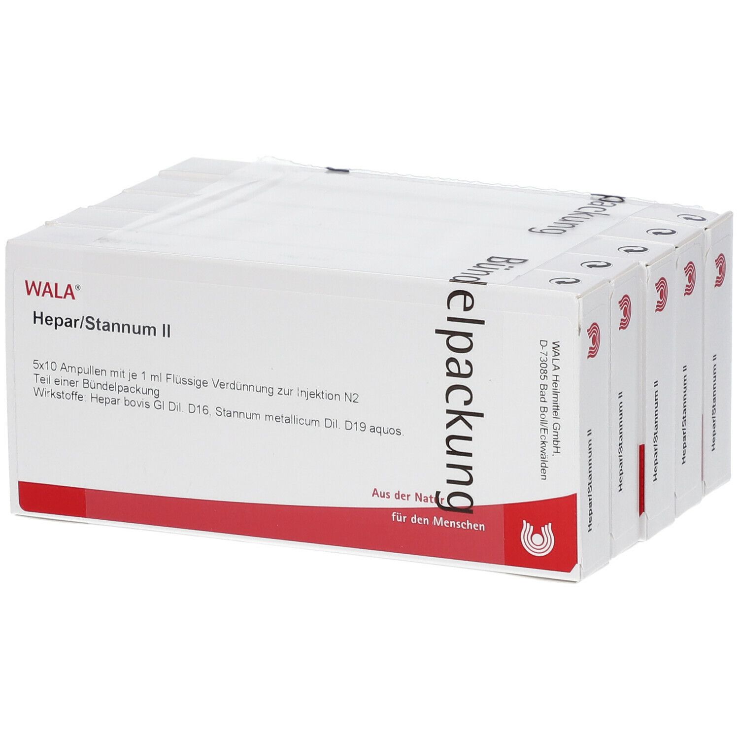 WALA Hepar/Stannum II Ampullen-Packung. Weiße Schachtel mit roter Schrift. Text: 5x10 Ampullen, Wirkstoffe.