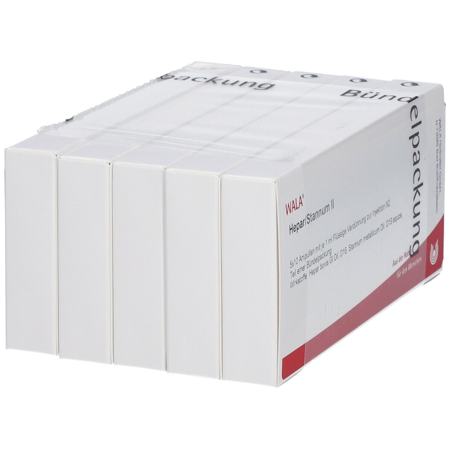 WALA Hepar/Stannum II Ampullen-Packung. Weiße Schachtel mit roter Schrift. Text: 5x10 Ampullen, Wirkstoffe.