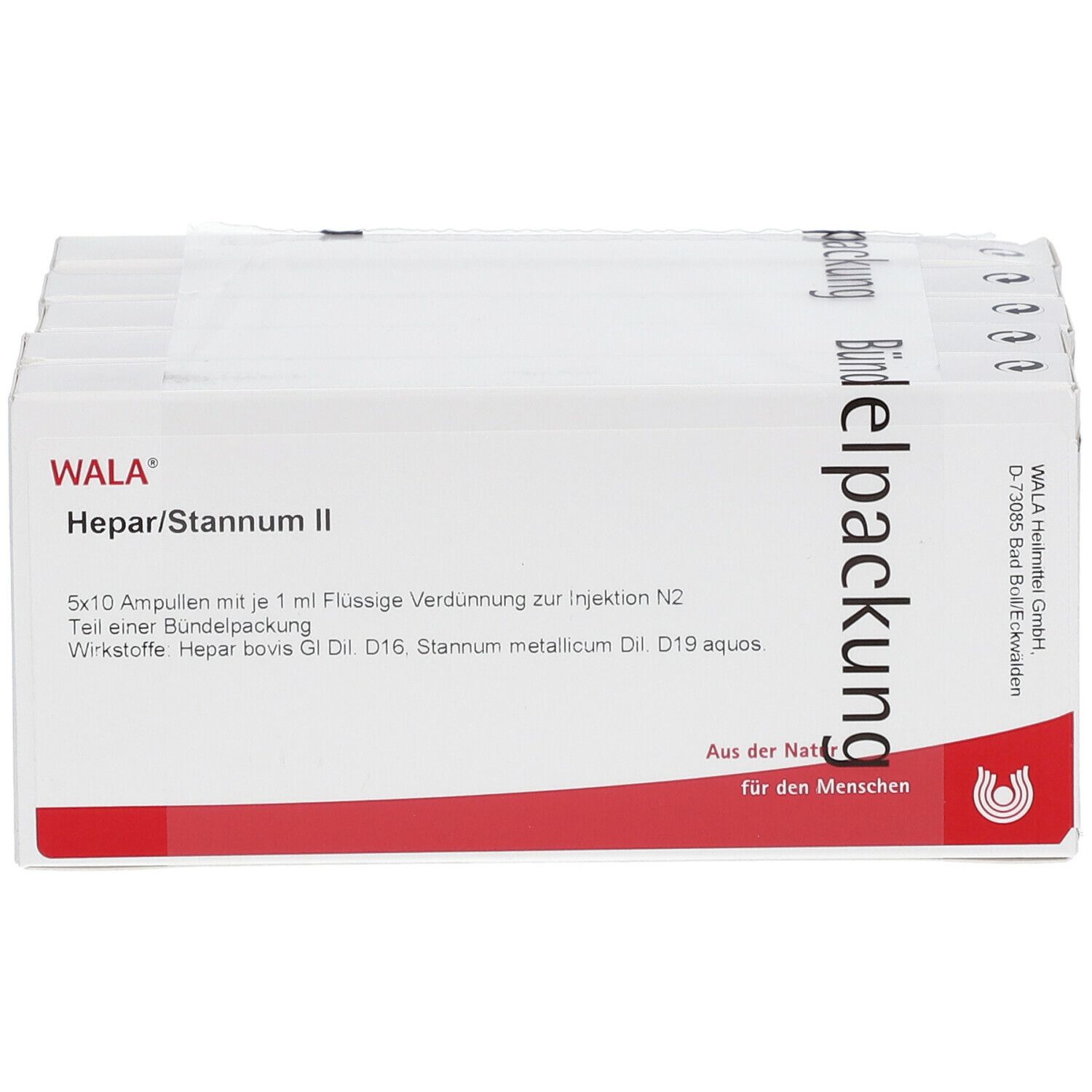 WALA Hepar/Stannum II Ampullen-Packung. Weiße Schachtel mit roter Schrift. Text: 5x10 Ampullen, Wirkstoffe.