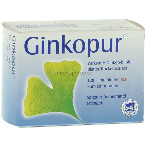 Schachtel mit Ginkopur. Aufschrift: Ginkopur, Wirkstoff: Ginkgo-biloba-Blätter-Trockenextrakt, 120 Filmtabletten N3. Logo.