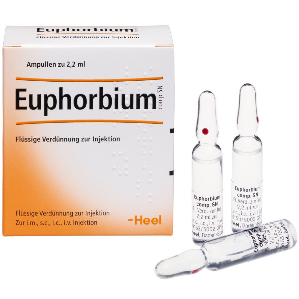 Packung und Ampullen. Aufschrift: Euphorbium comp. SN, Ampullen zu 2,2 ml. Flüssige Verdünnung zur Injektion.